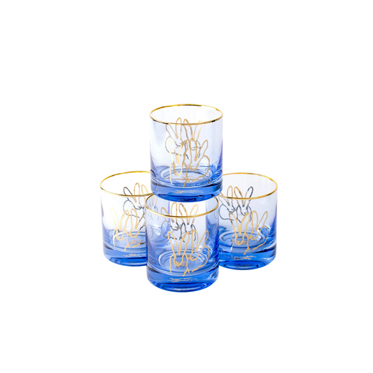 Double Bunny Old-Fashioned Glasses Set of 4 - Blue - Hunt Slonem Hop Up Shop