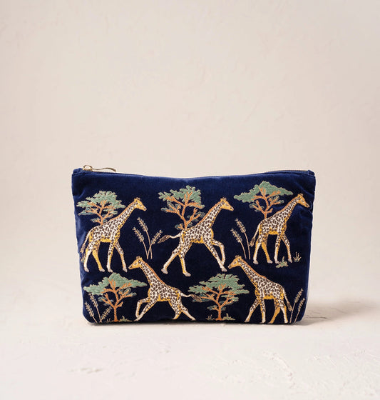 Giraffe Herd Navy Everyday Velvet Pouch - Navy - Elizabeth Scarlett