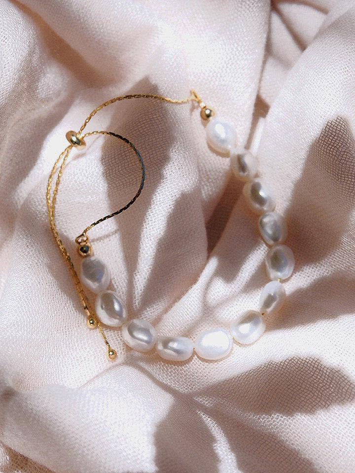 White Pearl Bracelet with Adjustable Gold Chain