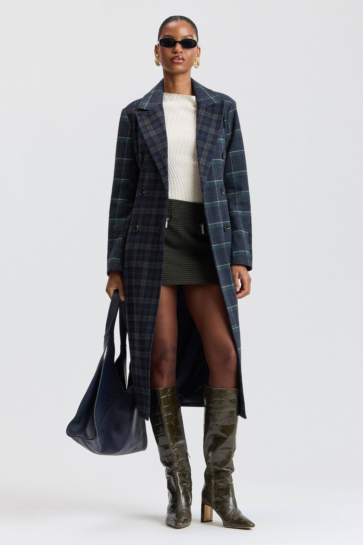 Mixed Plaid Tailored Coat - Navy-Green Plaid Multi - Avec Les Filles