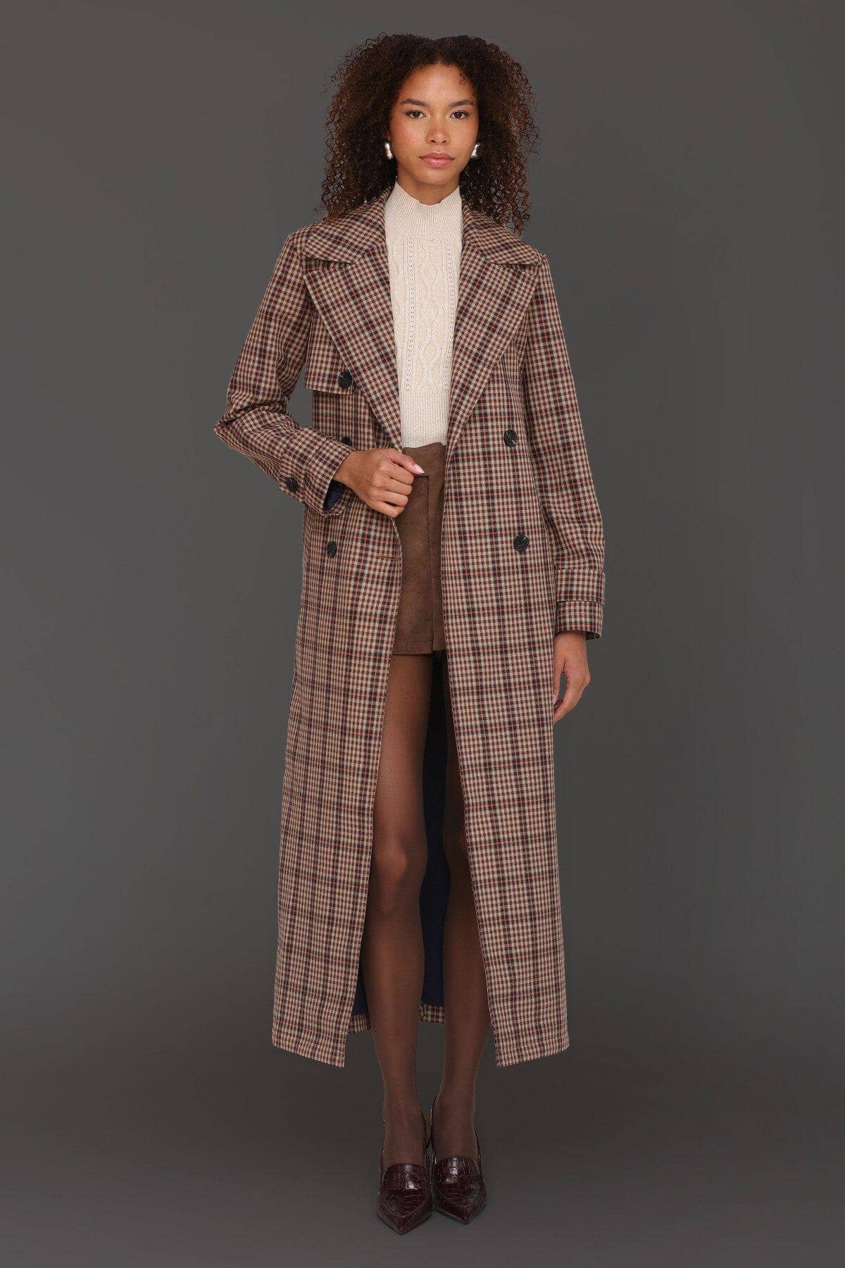 Plaid Belted Maxi Trench Coat - Brown/Orange