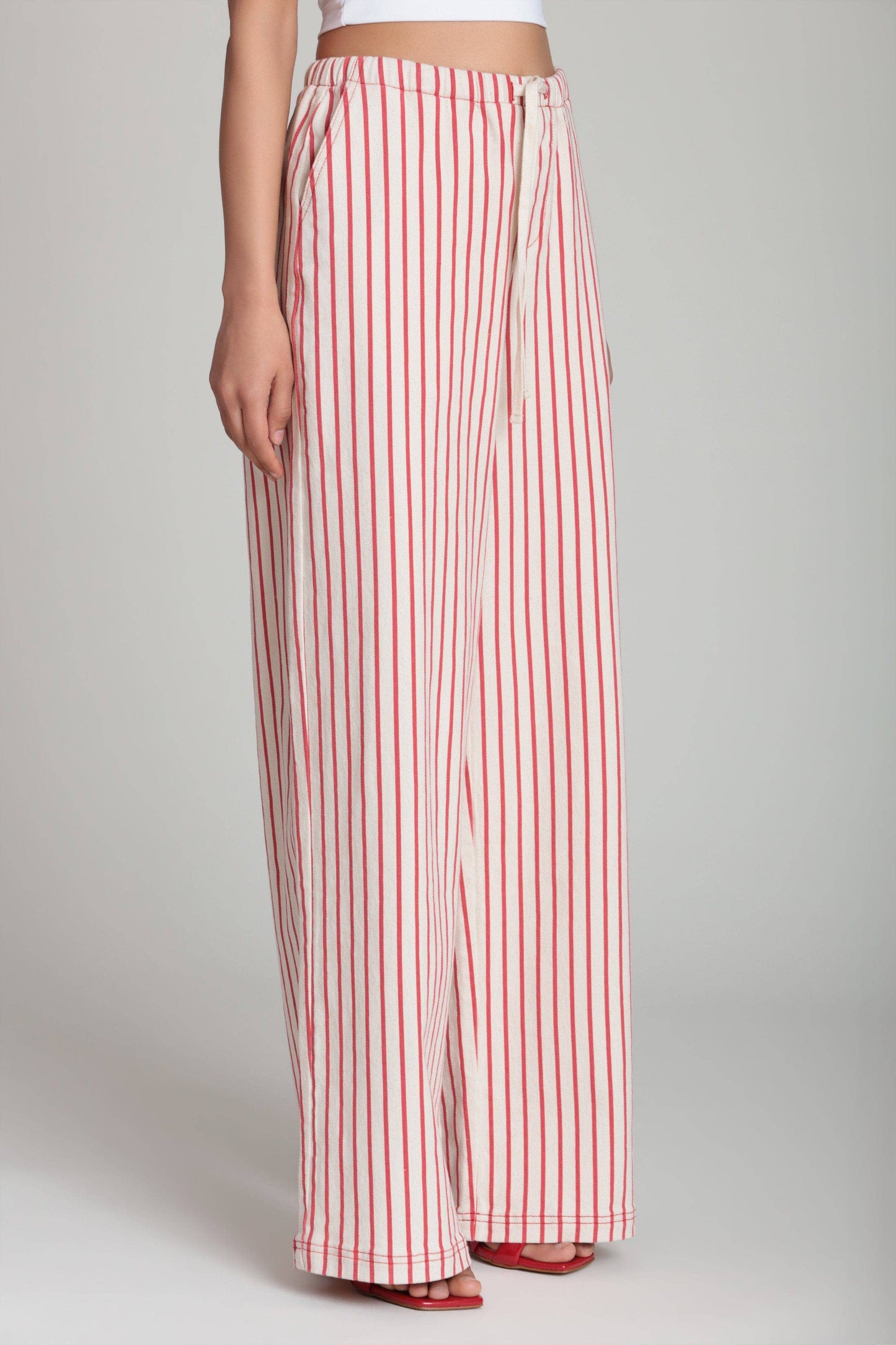 Striped Stretch Cotton Wide Leg Pants - Cream/Red Stripe