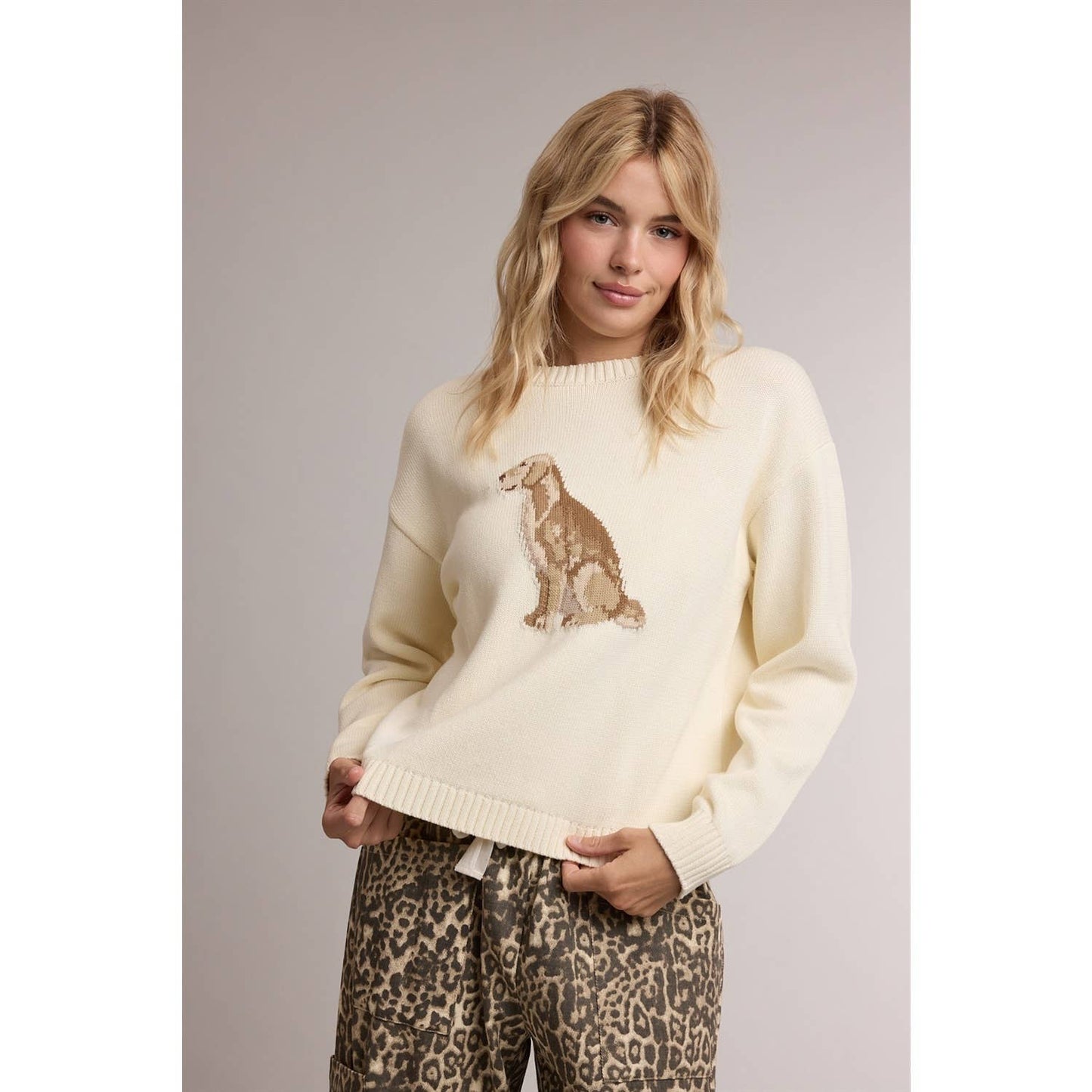 Golden Retriever Knit Crewneck Sweater - Cream
