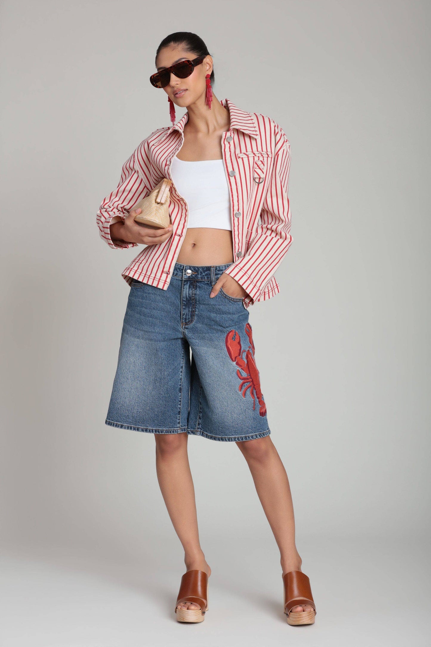 Striped Stretch Cotton Chore Jacket - Cream/Red Stripe