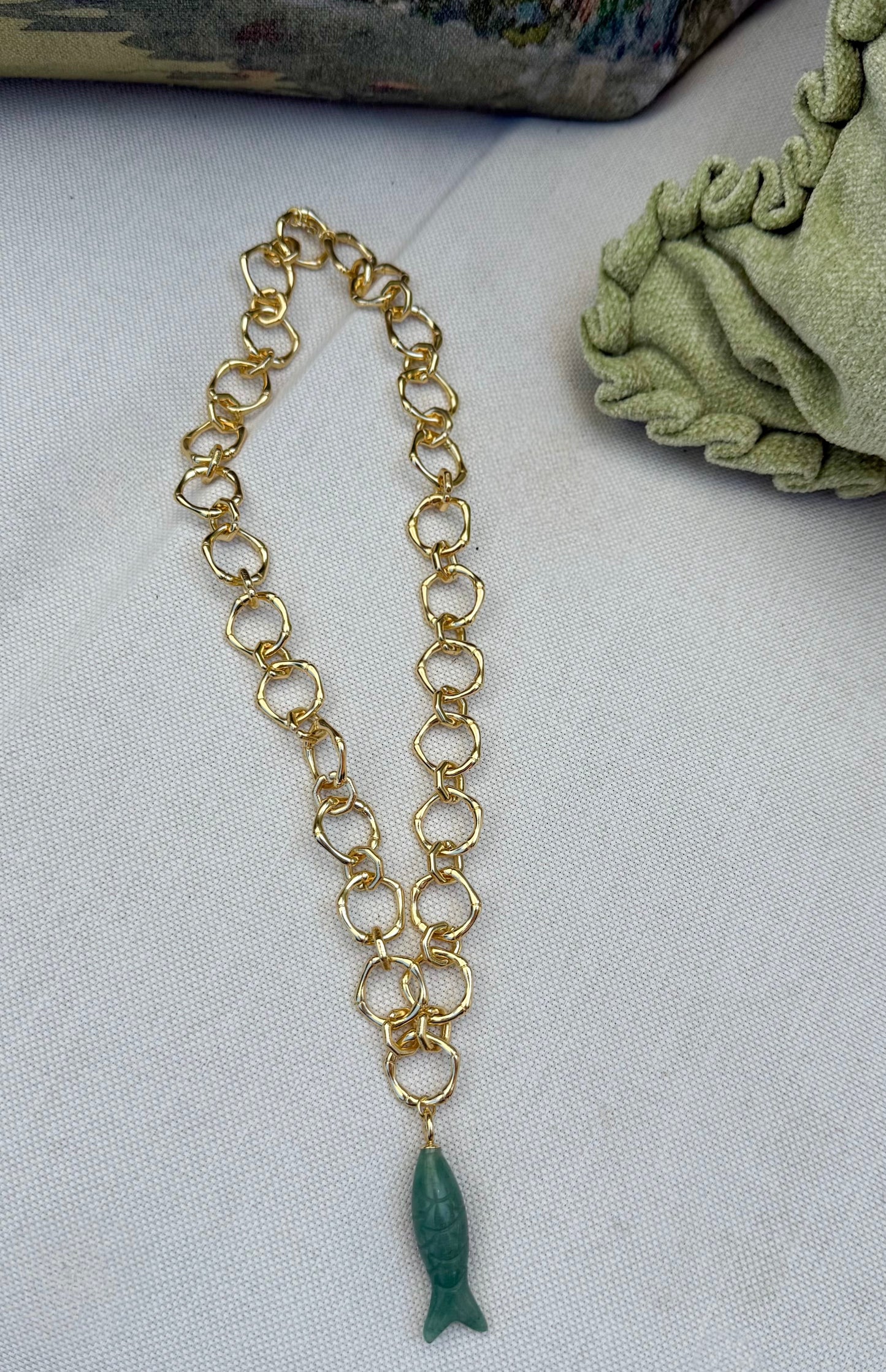 Green Aventurine Fish on 18kt Gold Filled Rolo Chain - Handmade in RI
