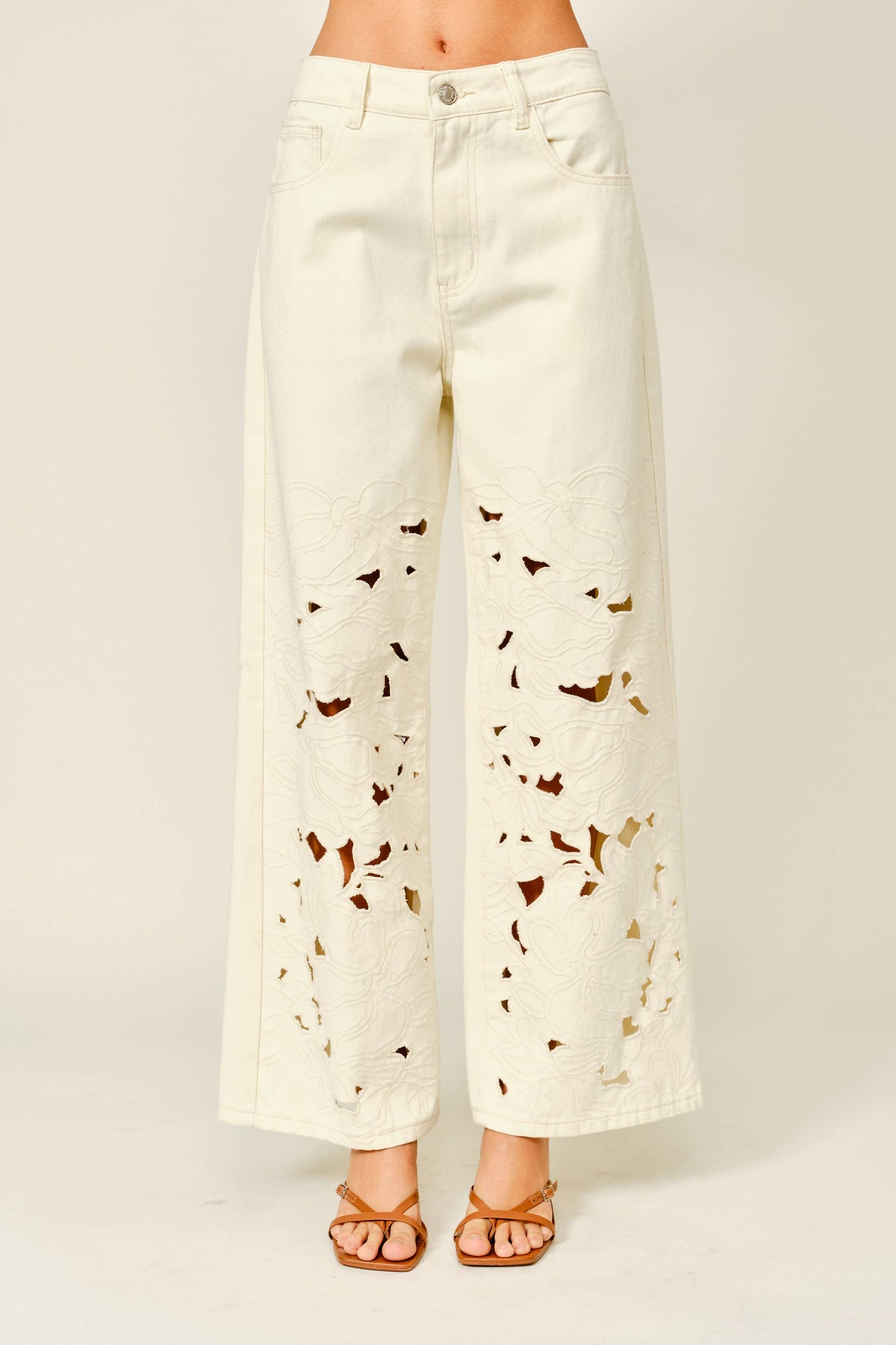 Embroidered Straight Jeans - Ivory