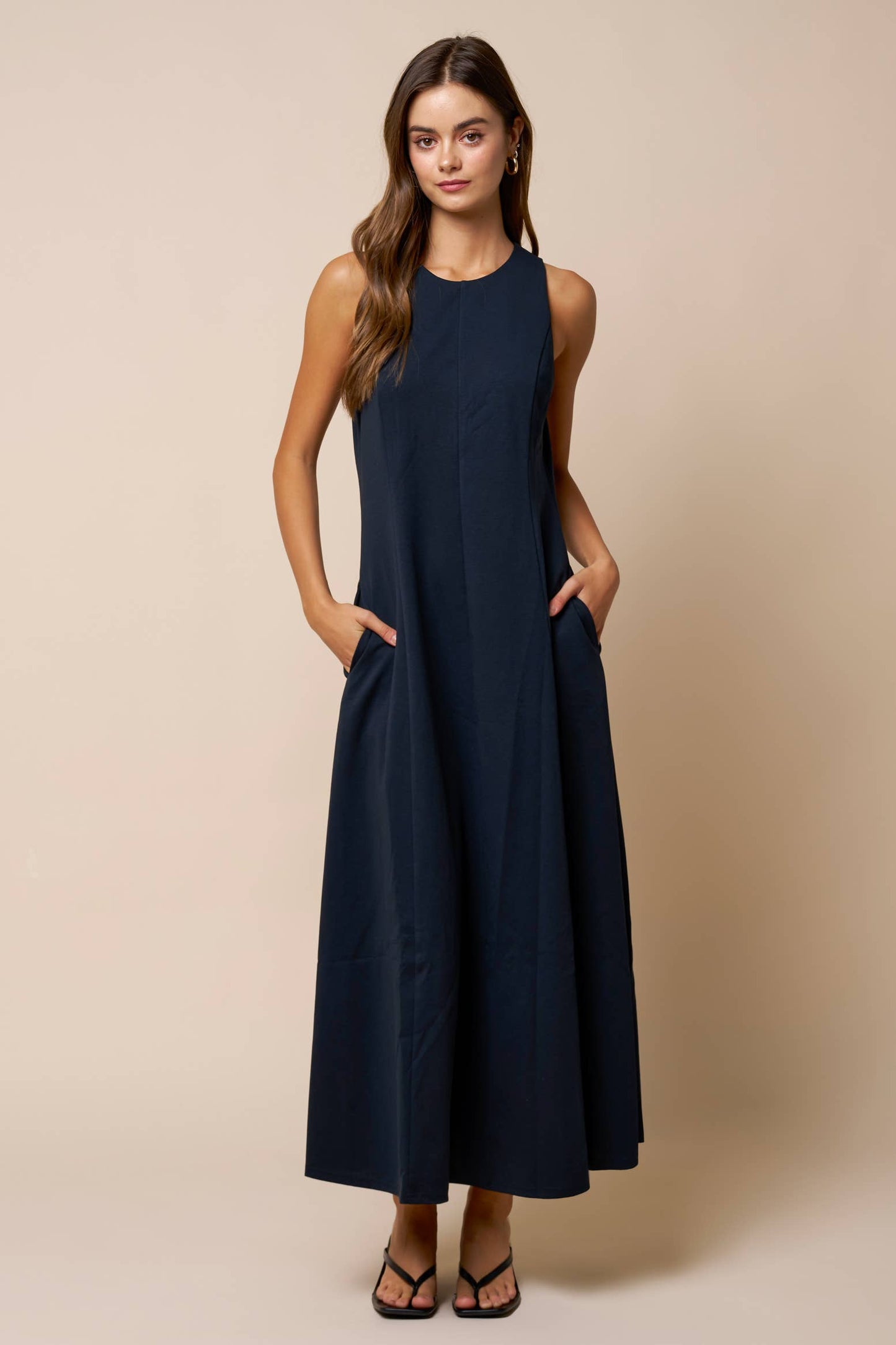 Flare Scuba Sleeveless Maxi Dress - Navy