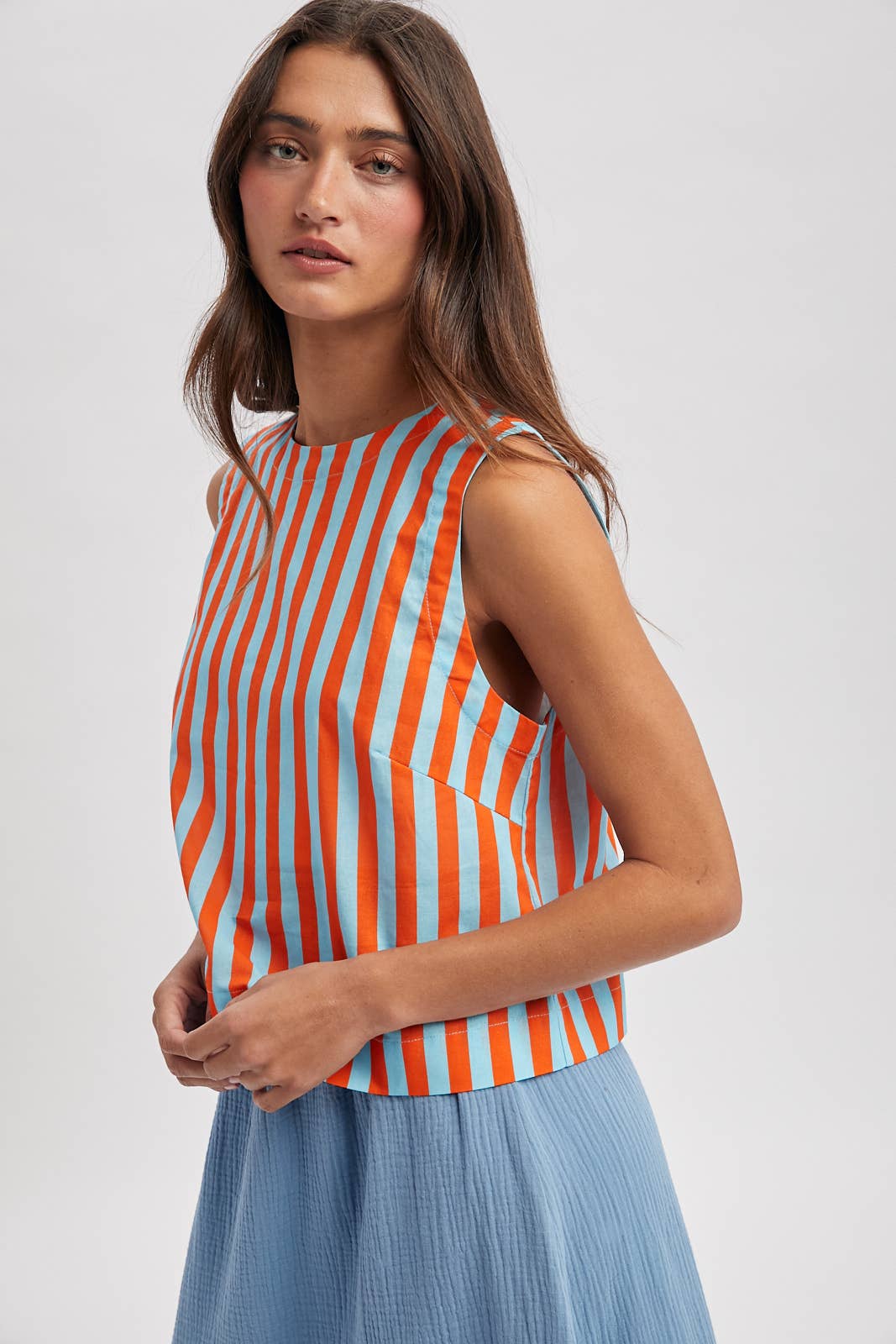 Striped Cotton Tank Top - Sky Blue/Orange