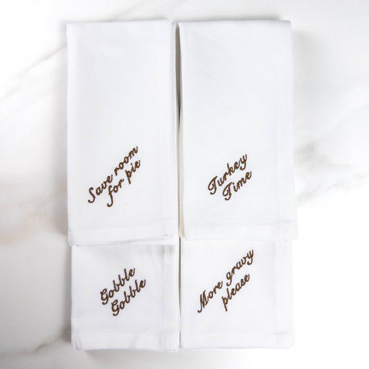 Thanksgiving Sayings Embroidered Dinner Napkin Set: White