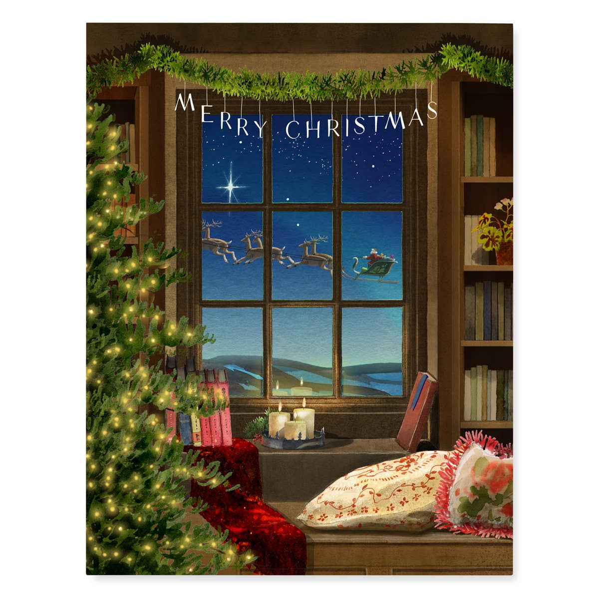Santa Sighting - Holiday Christmas Card - Book Shelf