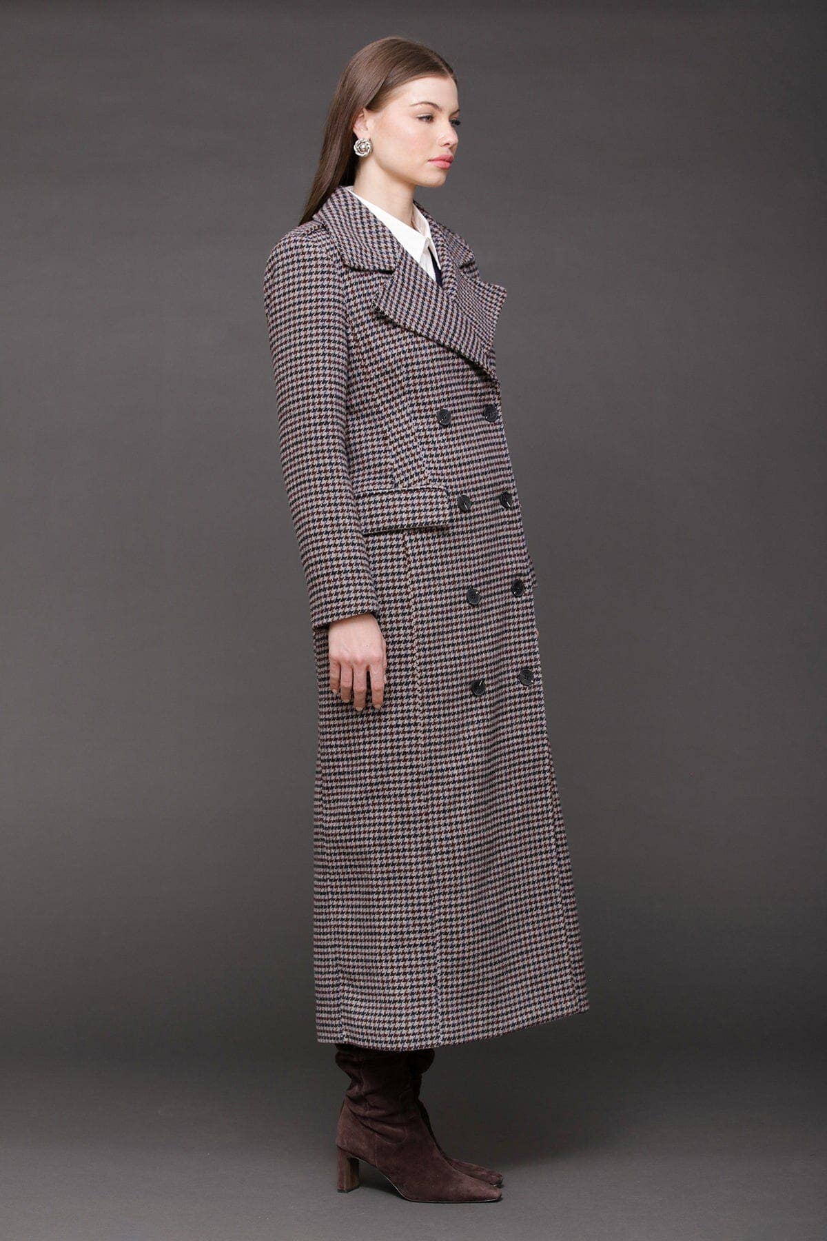 Heritage Houndstooth Maxi Coat - Grey/Navy