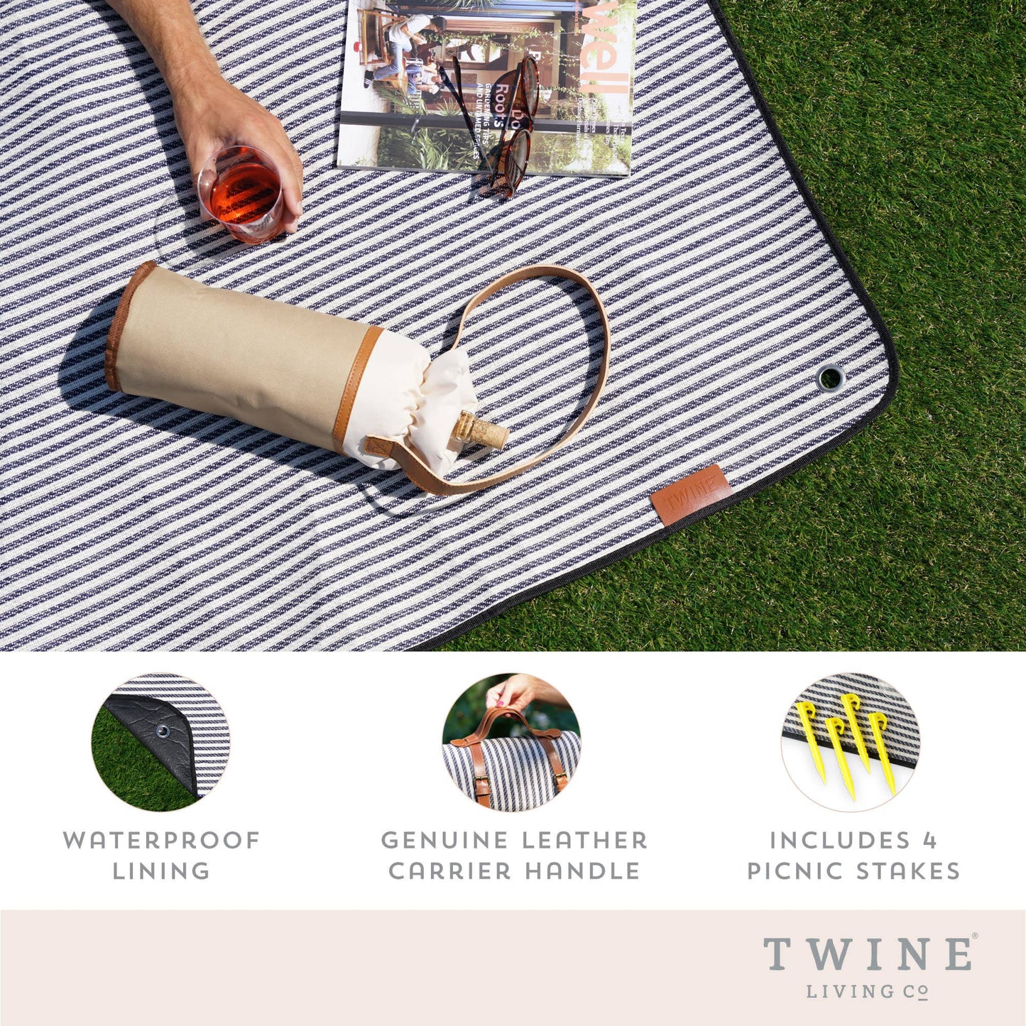 Waterproof Picnic Blanket w Genuine Leather Carrying Straps