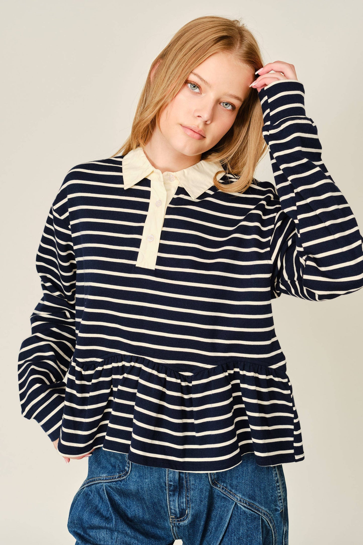 Flare Polo Sweatshirt Navy Stripes