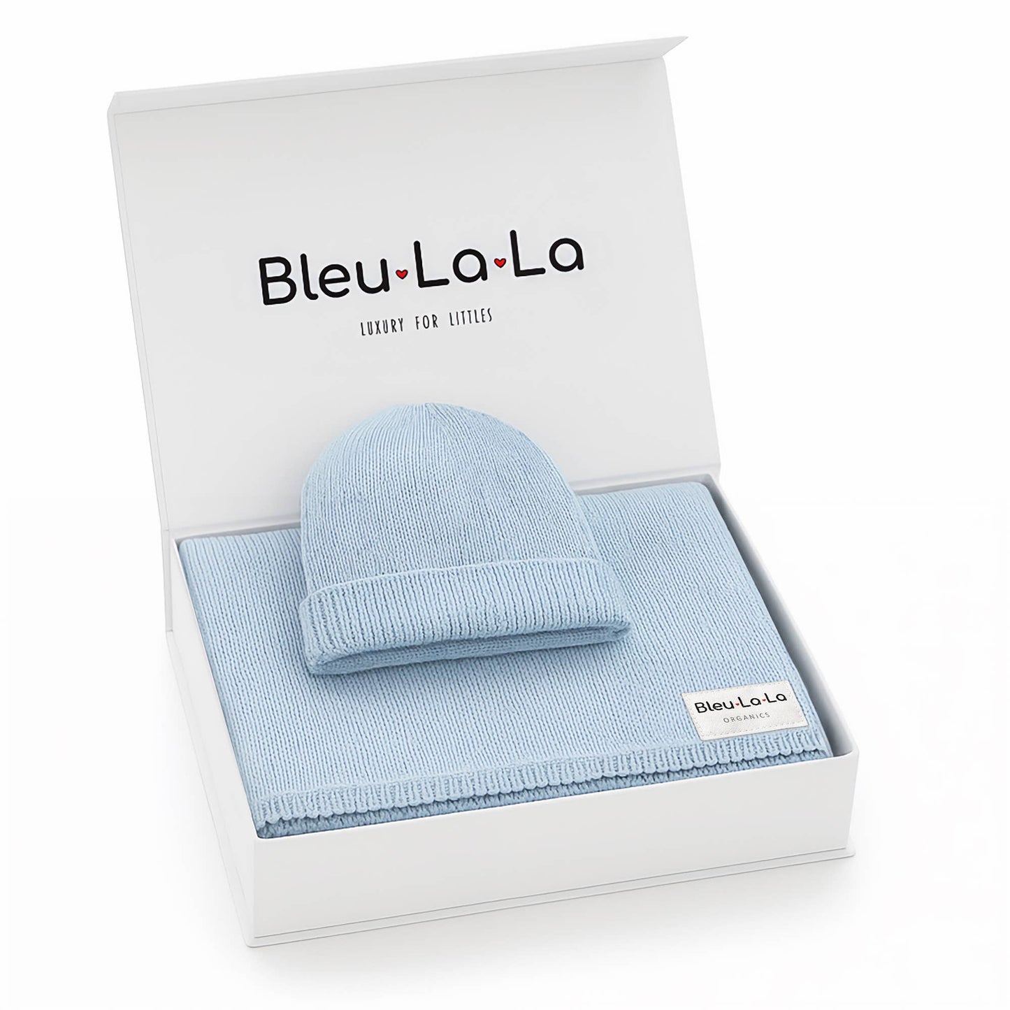 Luxe - 100% Organic Cotton Knit Blanket + Hat Boxed Gift Set - Sky Blue