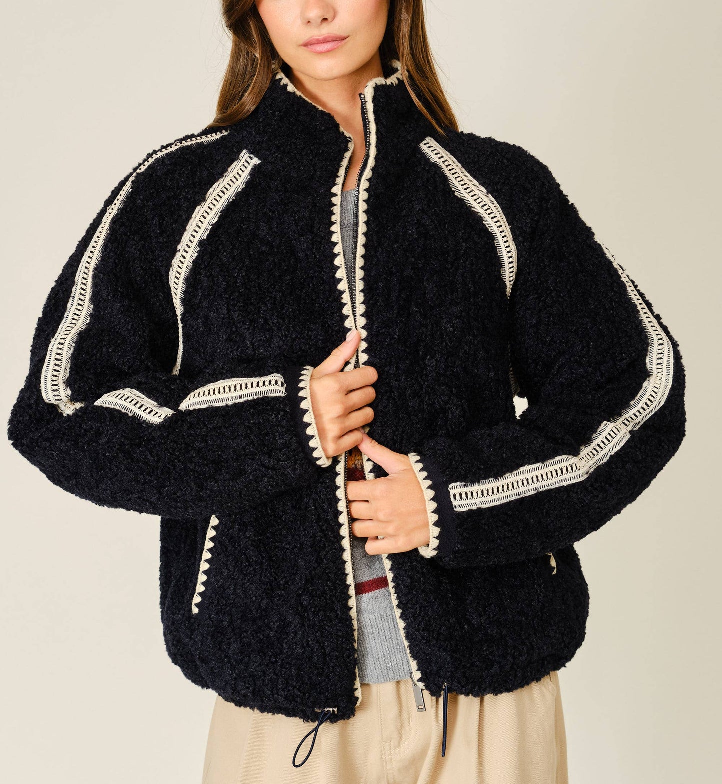 Embroidered Line Soft Teddy Fleece - Dark Navy