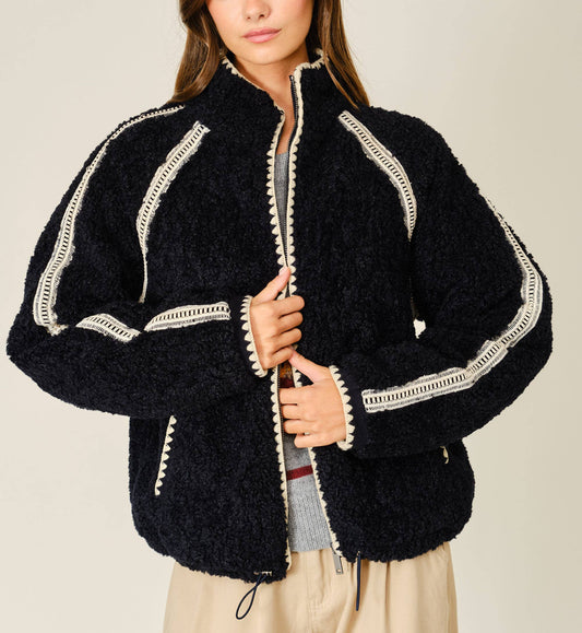 Embroidered Line Soft Teddy Fleece - Dark Navy