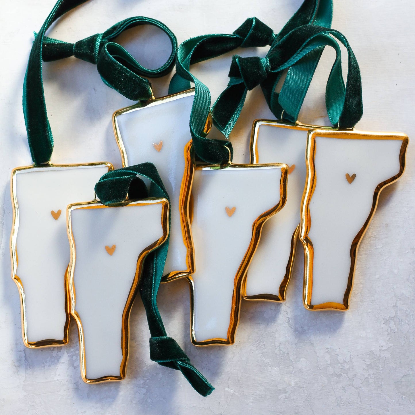 Handmade Porcelain State Ornaments with Gold Heart - Green / Rhode Island