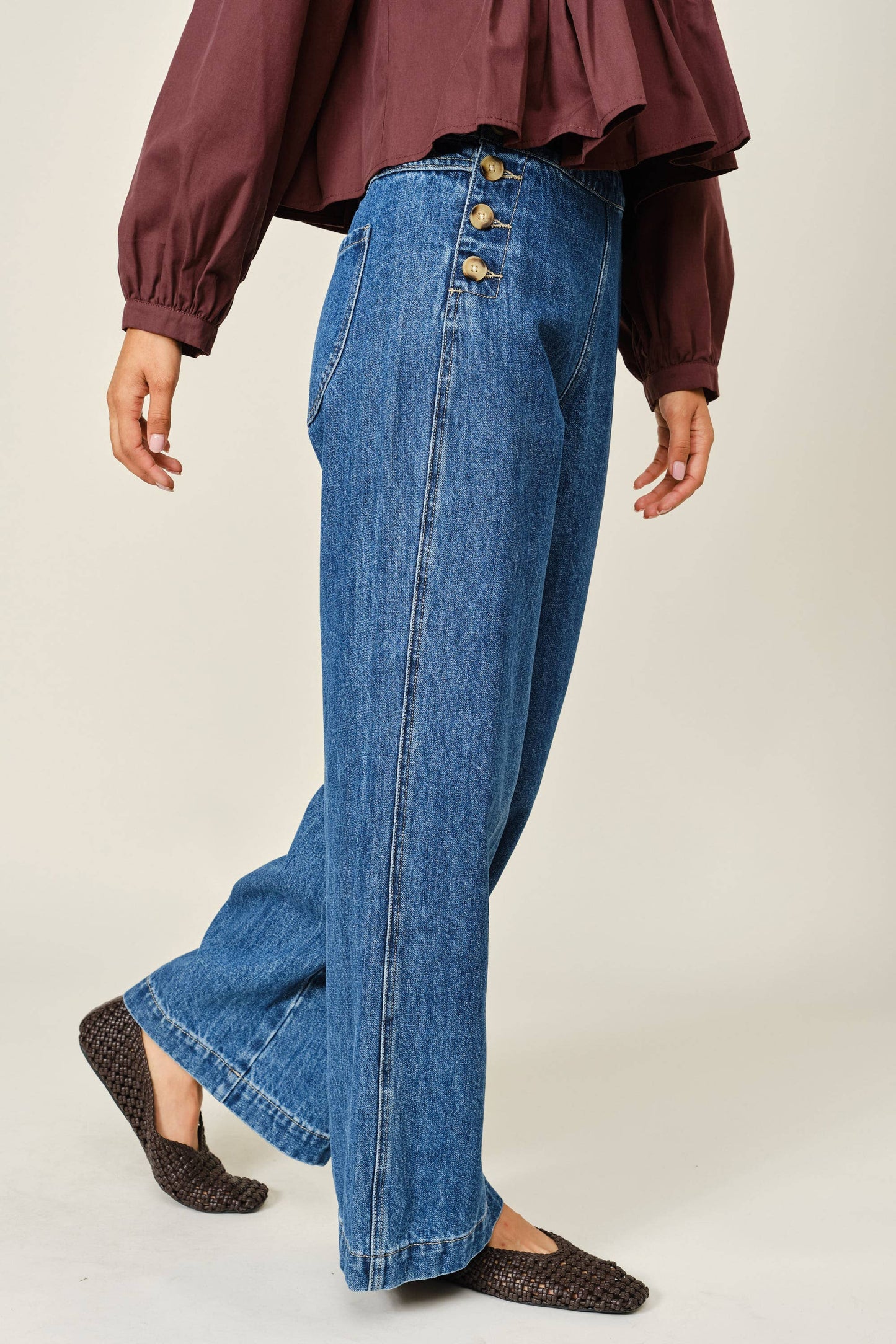 Side Button Detail Wide Leg Jeans