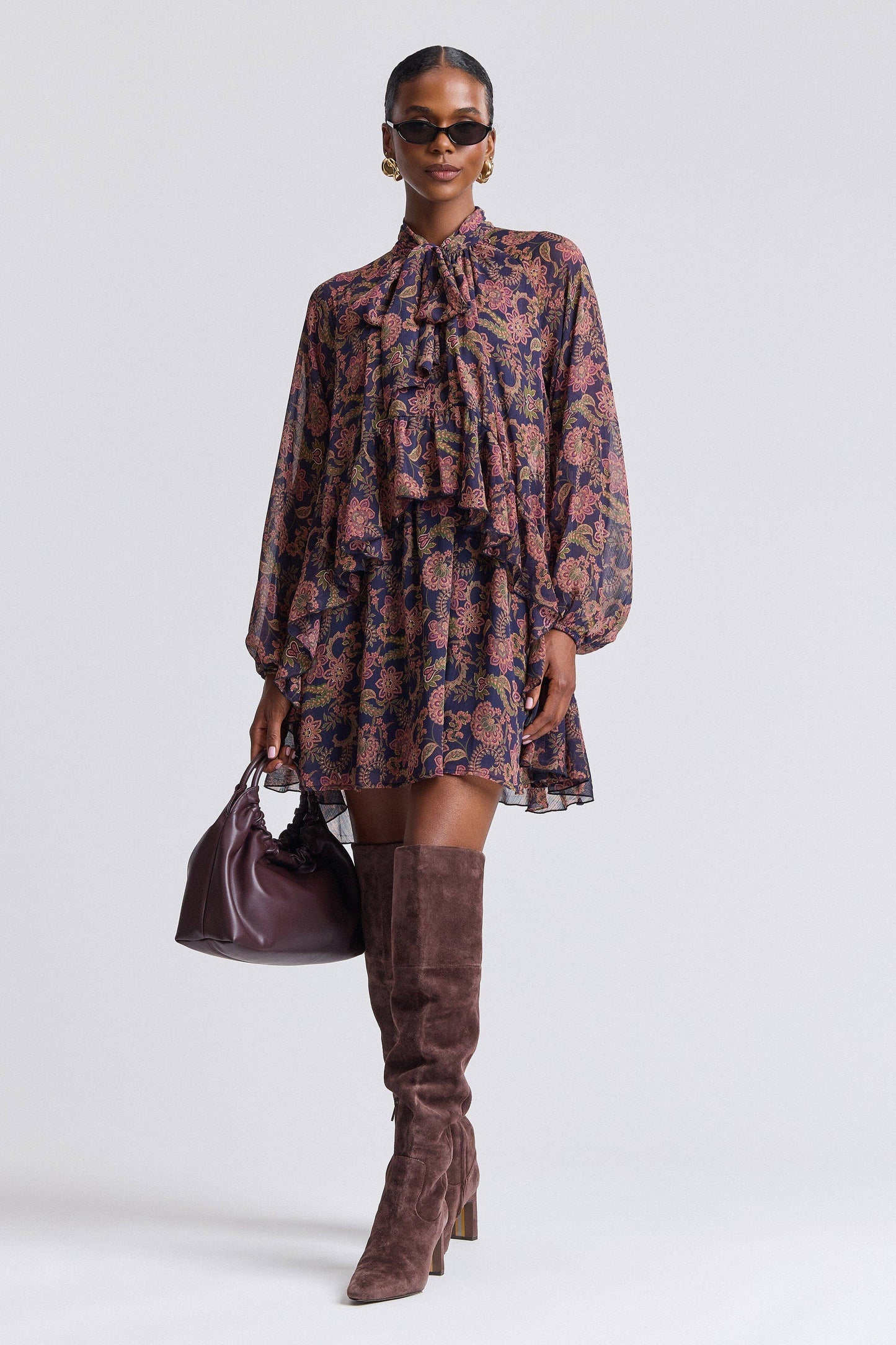 Paisley Chiffon Ruffle Mini Dress - Navy Paisley Garden