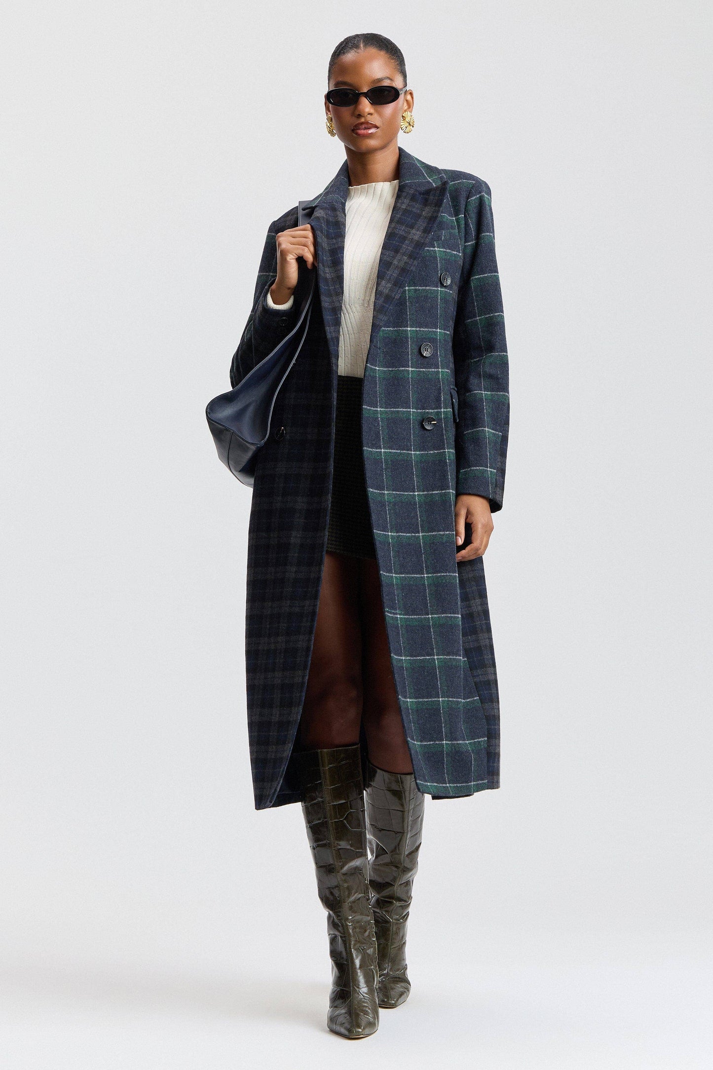 Mixed Plaid Tailored Coat - Navy-Green Plaid Multi - Avec Les Filles