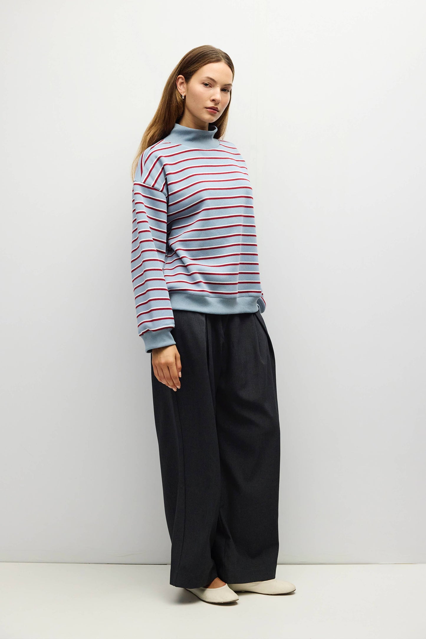 PREORDERThe Charlie Sweater Mock Neck Striped Sweater - Blue-Burgundy-White