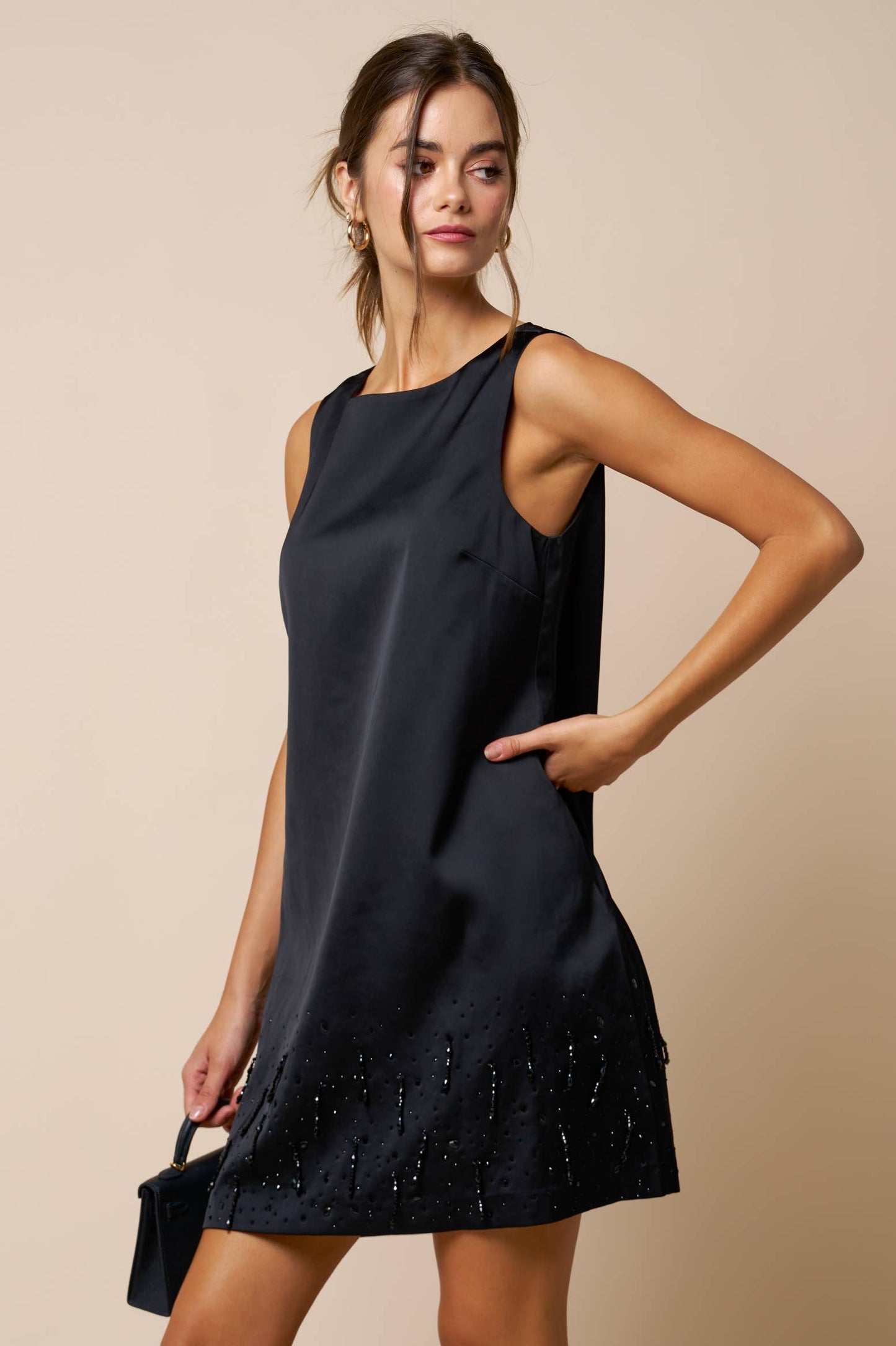 Bead Detail Satin Sleeveless Shift Dress - Black