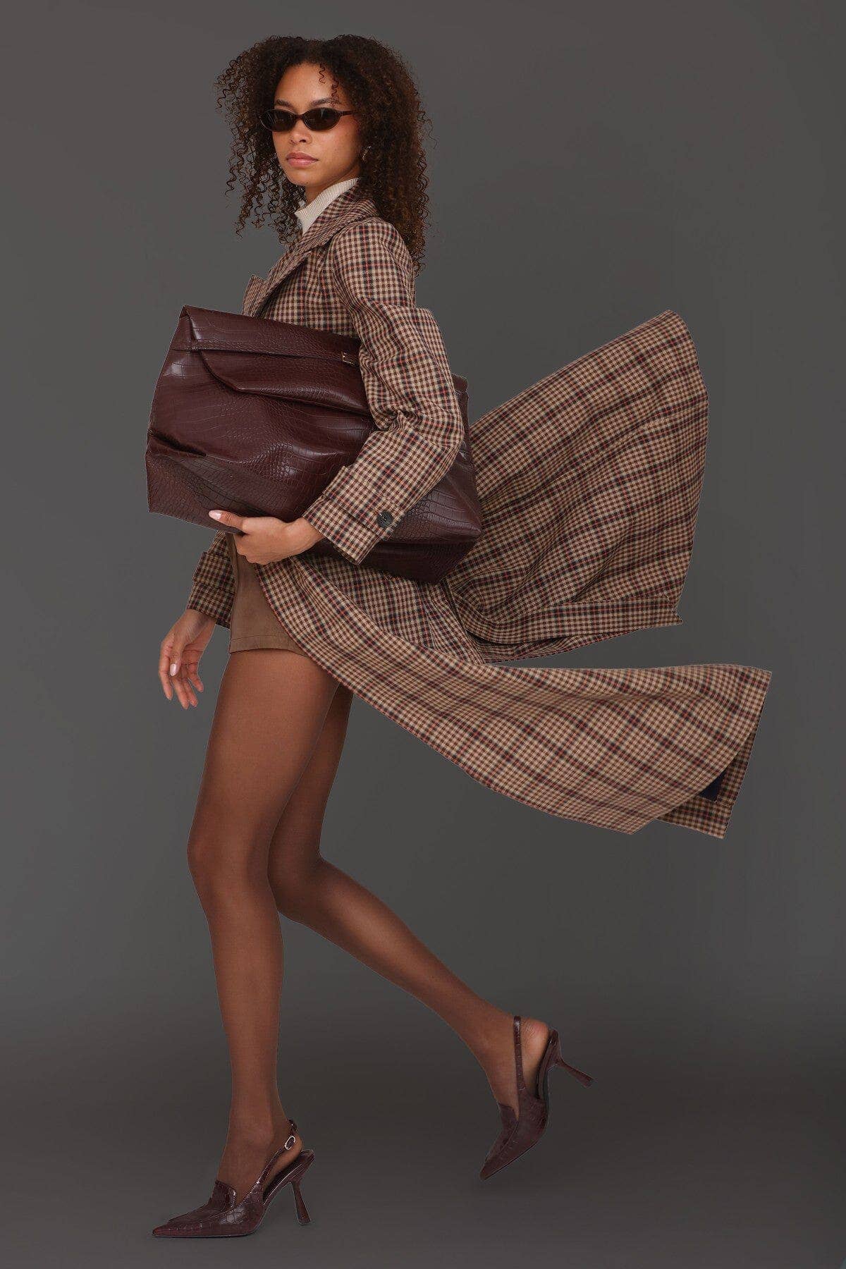 Plaid Belted Maxi Trench Coat - Brown/Orange