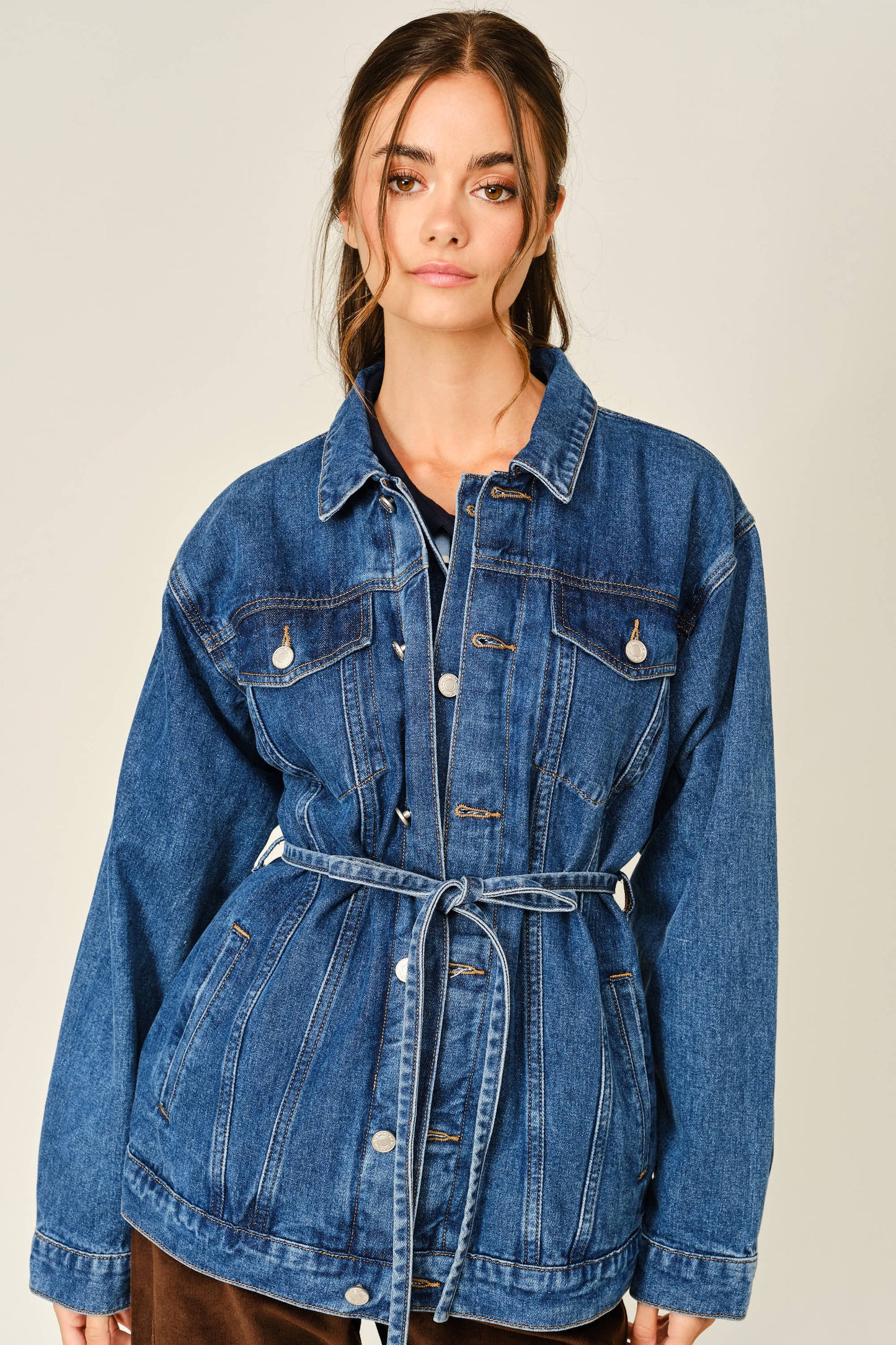 Double Placket Belted Denim Jacket ￼