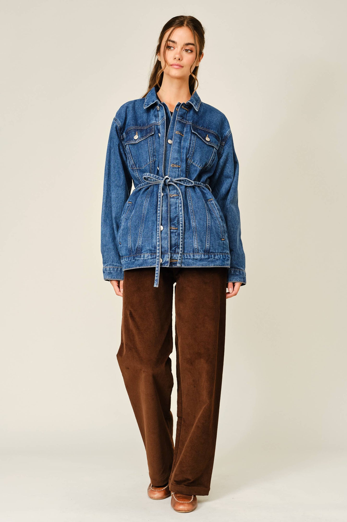 Double Placket Belted Denim Jacket ￼