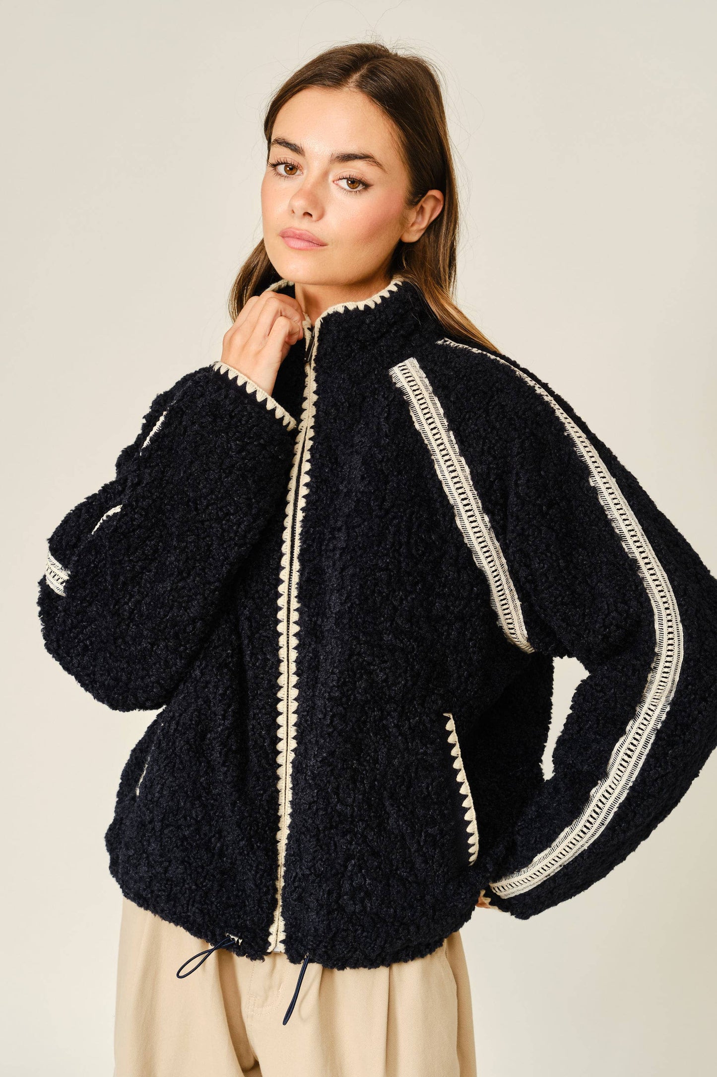 Embroidered Line Soft Teddy Fleece - Dark Navy