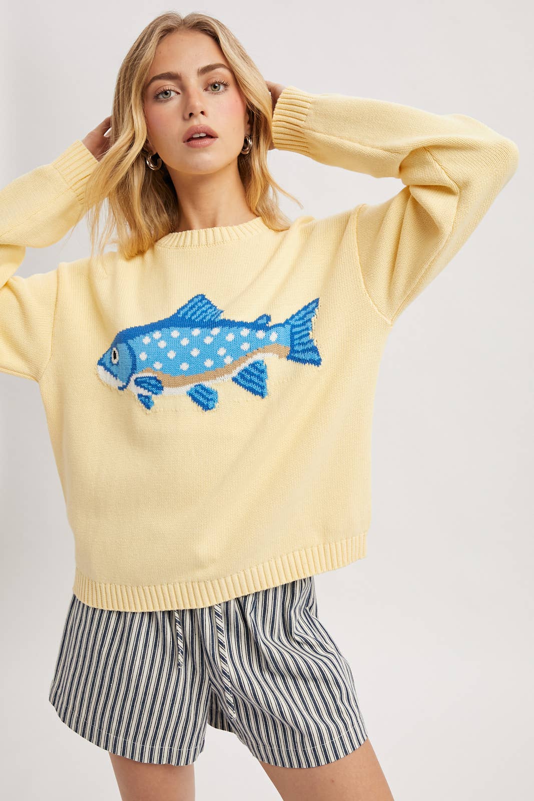 Cotton Crewneck Fish Sweater - Butter Yellow