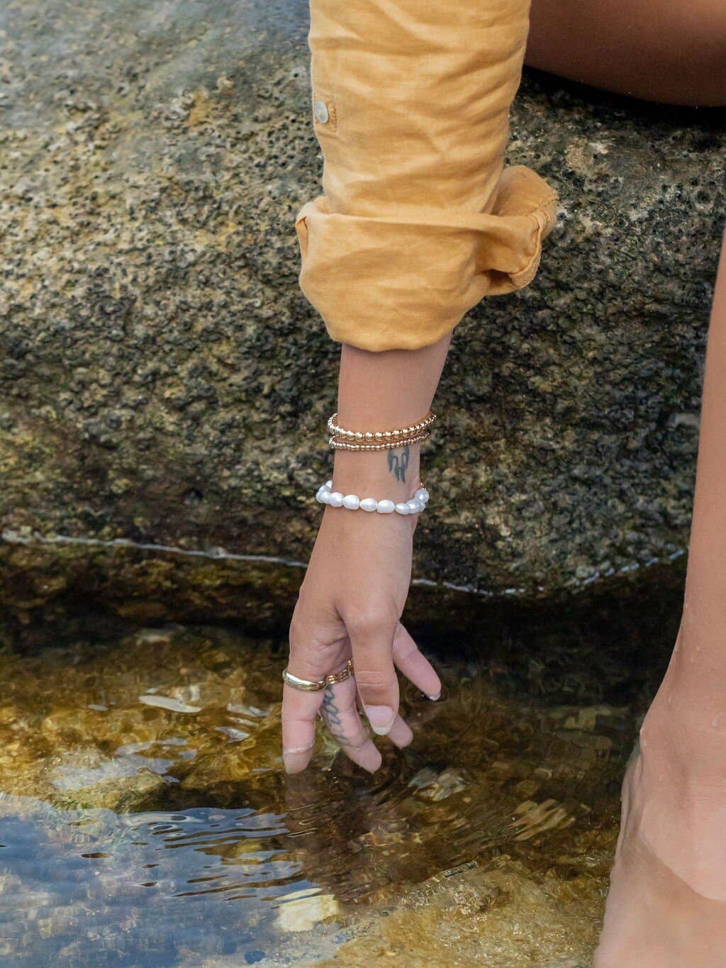 White Pearl Bracelet with Adjustable Gold Chain