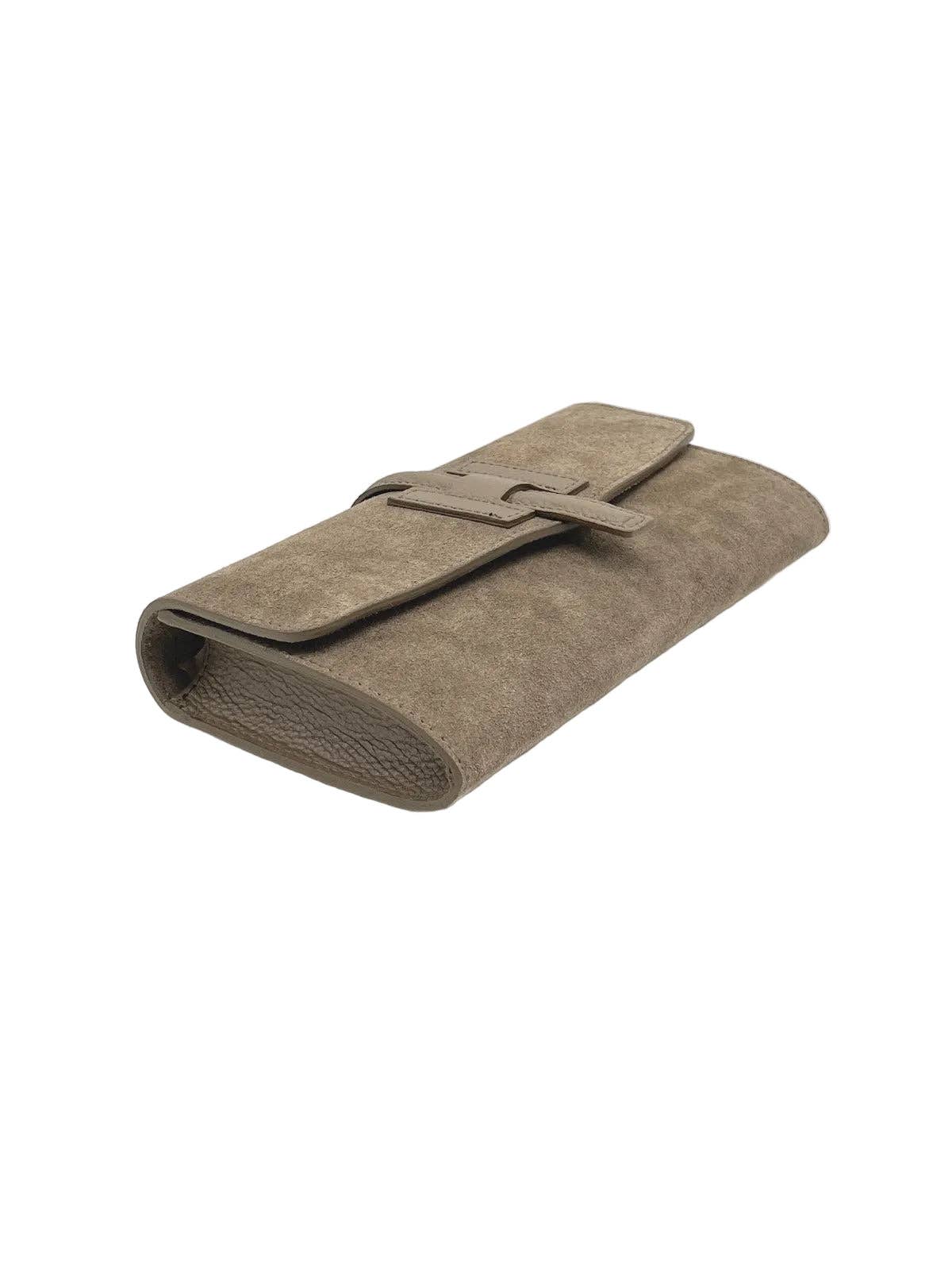 Suede + Leather Flap Clutch with Detachable Strap, Made in Italy - Dark Brown