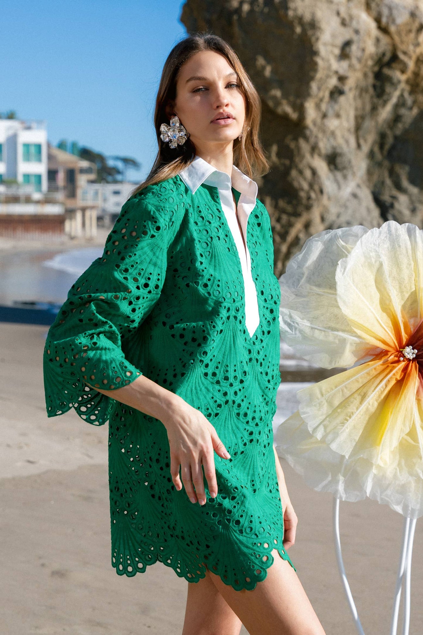 Floral Embroidery Mini Shirt Dress - Green