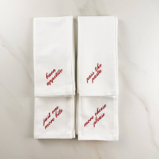 Italian Sayings Embroidered Dinner Napkin Set: White