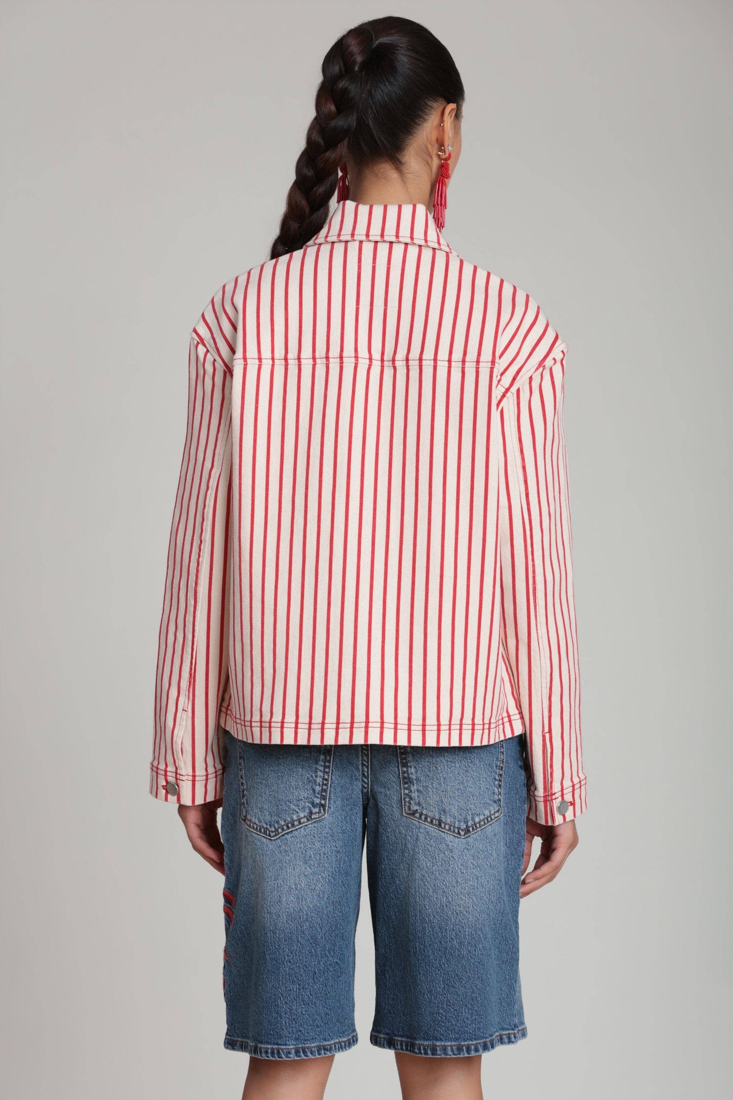 Striped Stretch Cotton Chore Jacket - Cream/Red Stripe