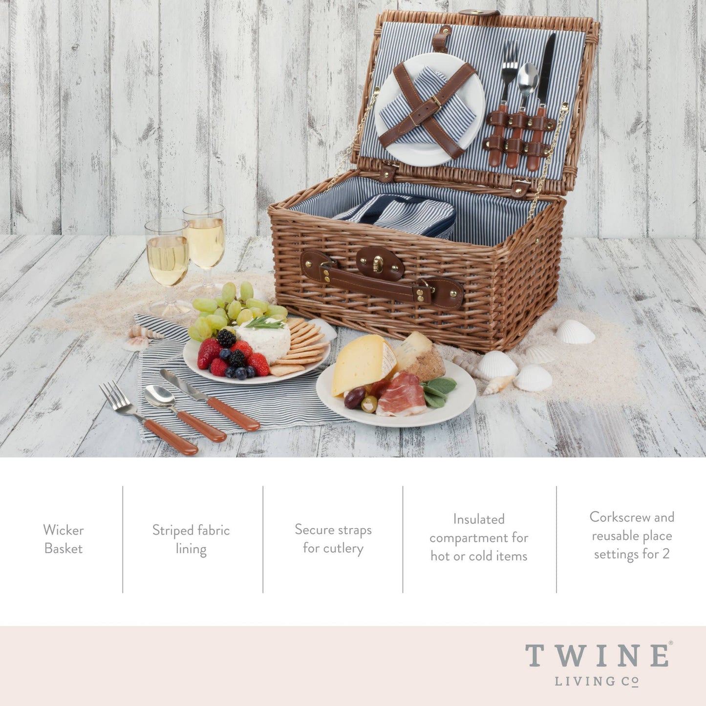 Newport Woven Wicker Picnic Basket Set w Insulated Carrier: Brown / Wicker Plastic / Cloth / Metal