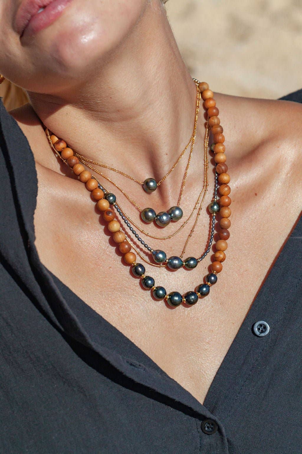 Gold Triple Floating Tahitian Pearl Necklace - 17 in