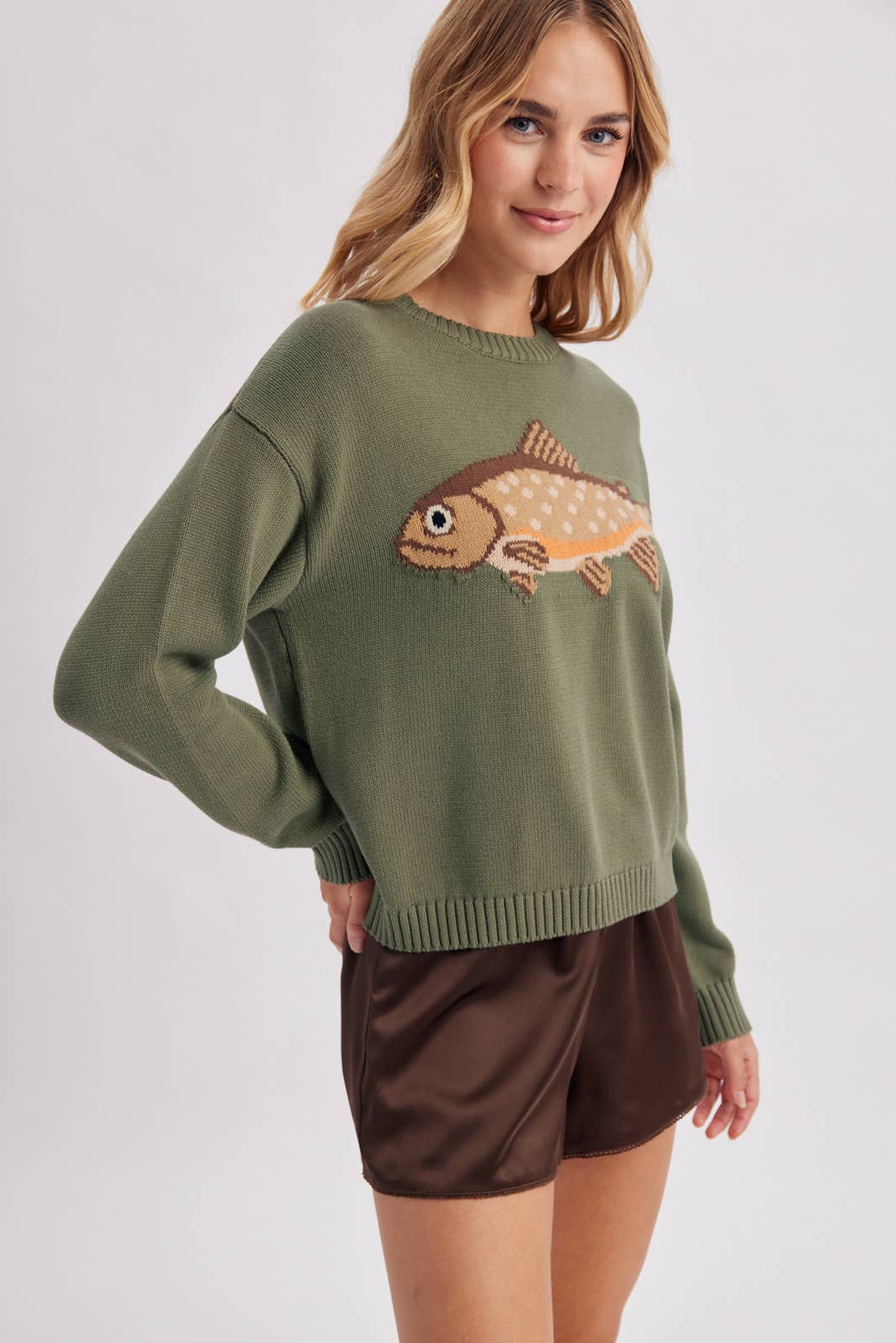 Fish Graphic Crewneck Sweater - Olive