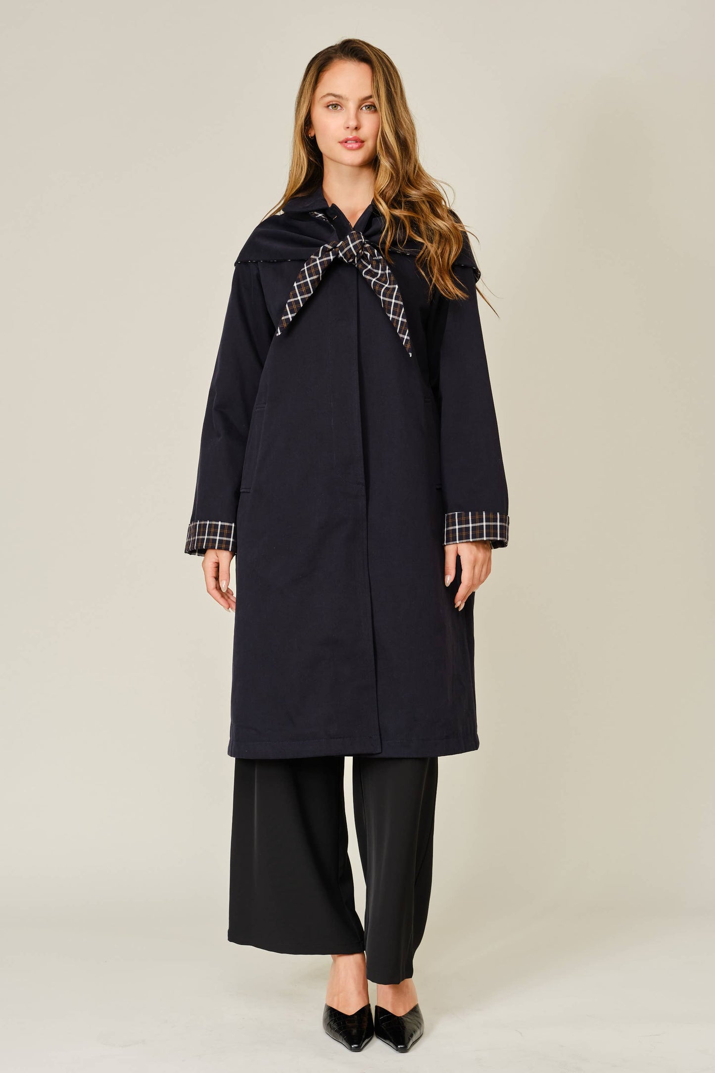 Detachable Scarf Button Down Jacket - Navy