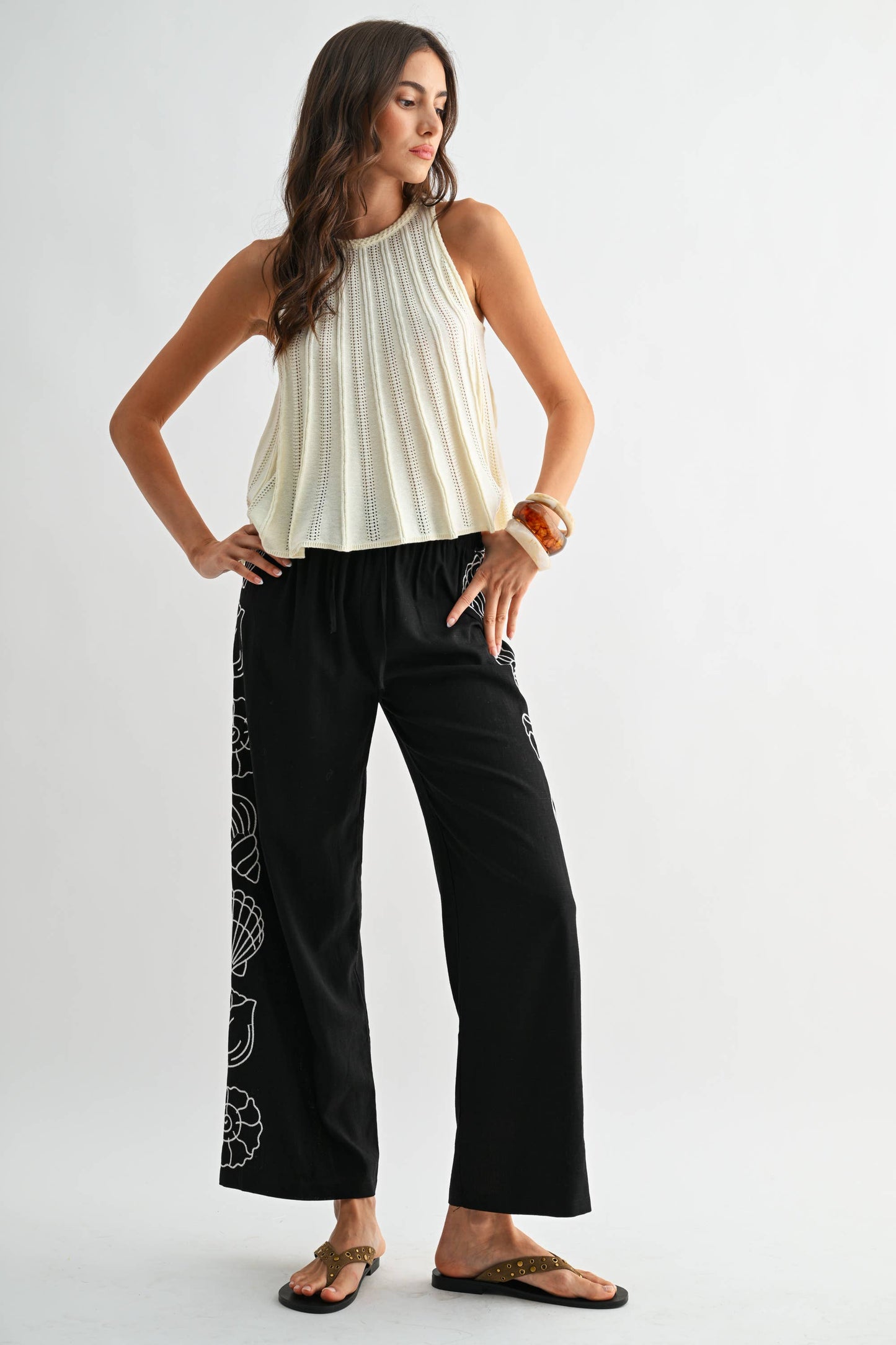 Wide Leg Pants - White Seashell Embroider