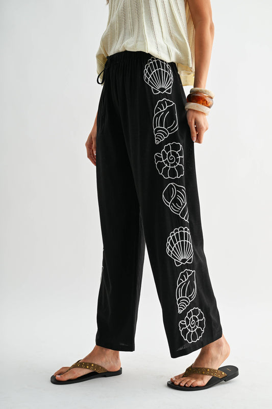 Wide Leg Pants - White Seashell Embroider