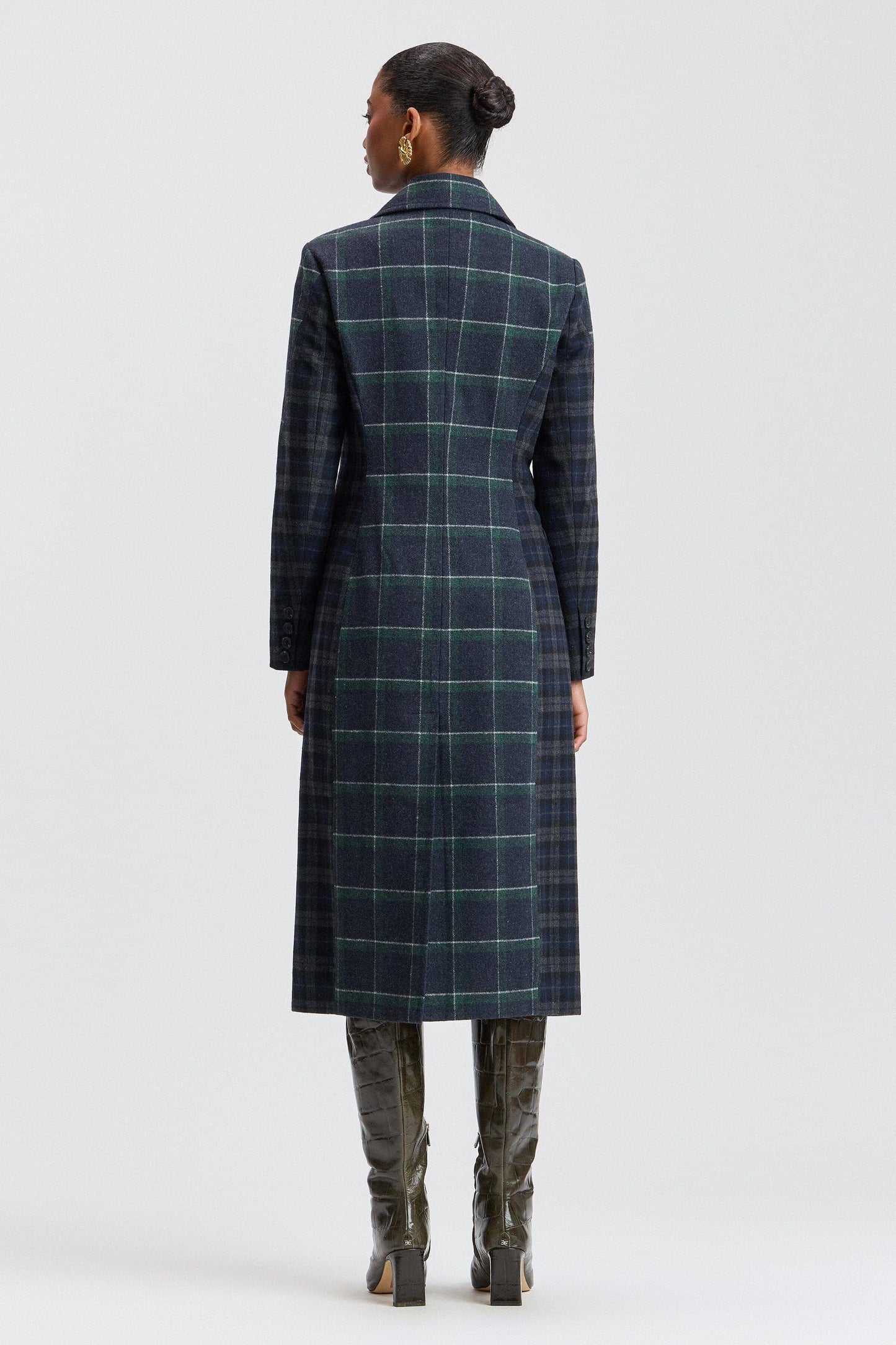 Mixed Plaid Tailored Coat - Navy-Green Plaid Multi - Avec Les Filles