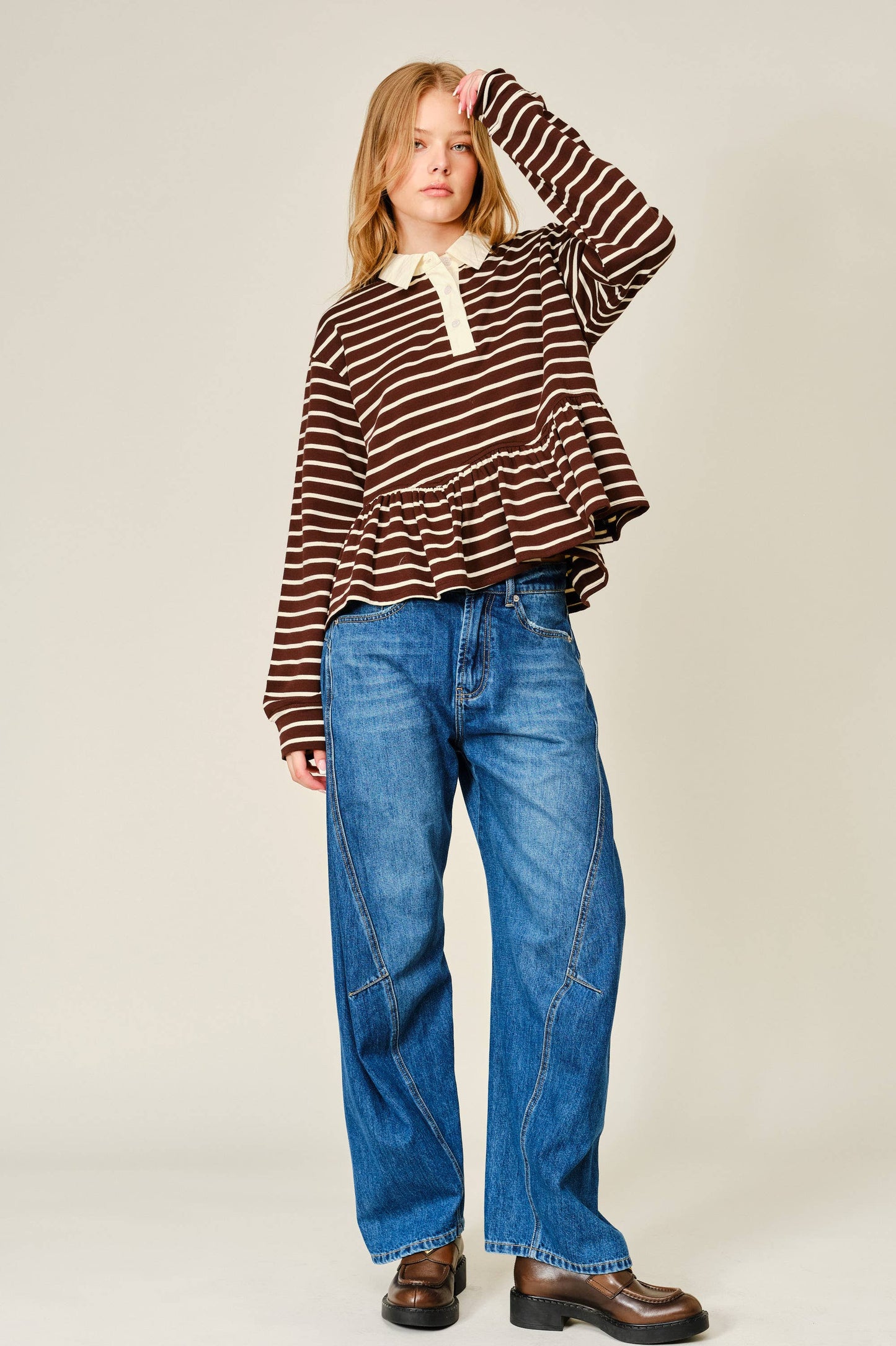 Flare Polo Sweatshirt Brown Stripes