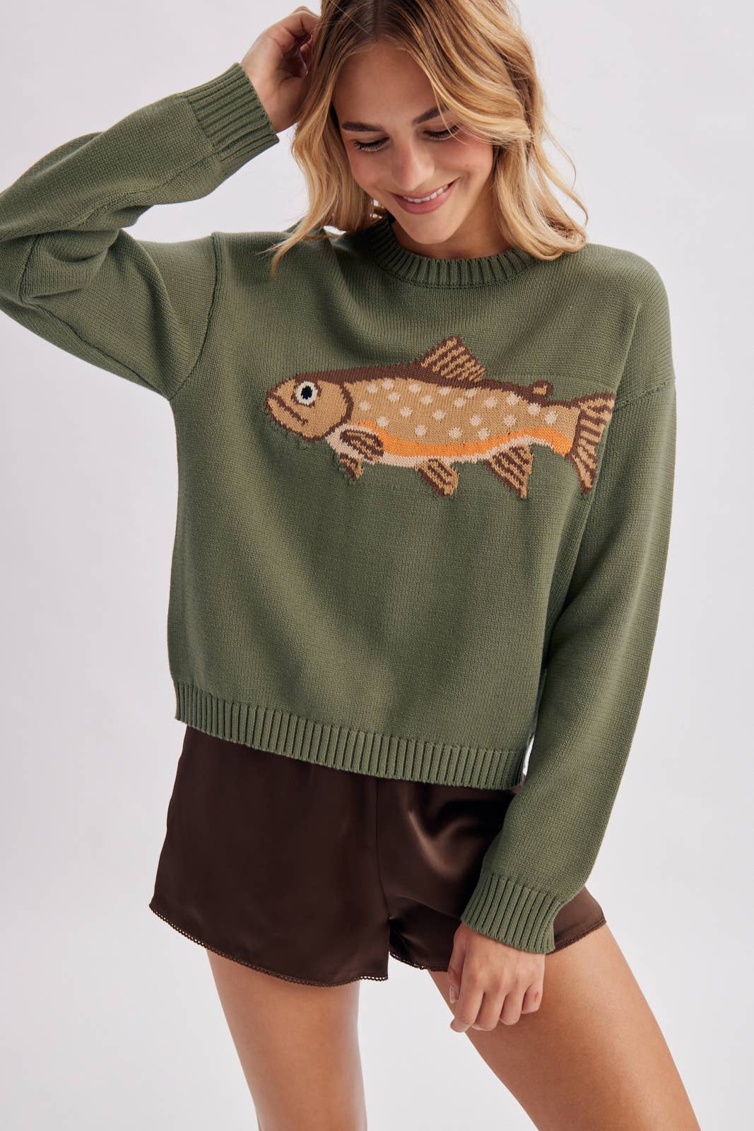 Fish Graphic Crewneck Sweater - Olive