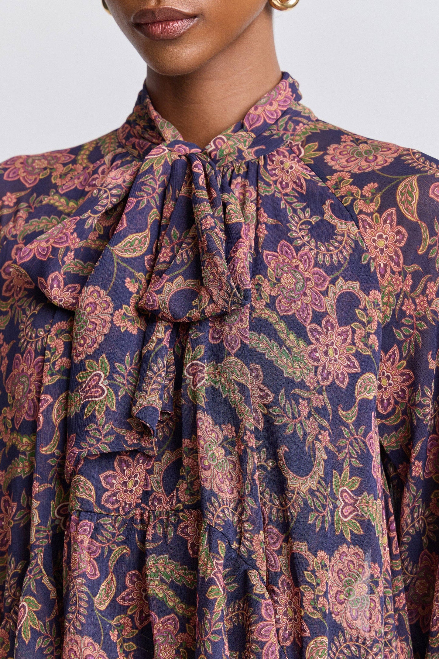 Paisley Chiffon Ruffle Mini Dress - Navy Paisley Garden