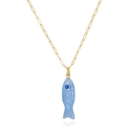 Natural Stone Fish Charm Necklace-Blue Chalcedony