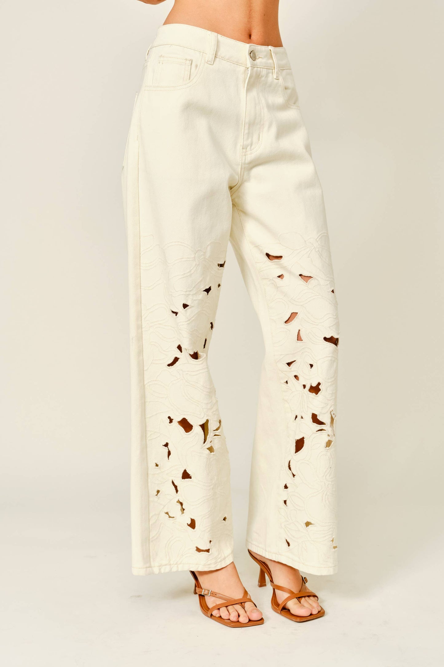 Embroidered Straight Jeans - Ivory