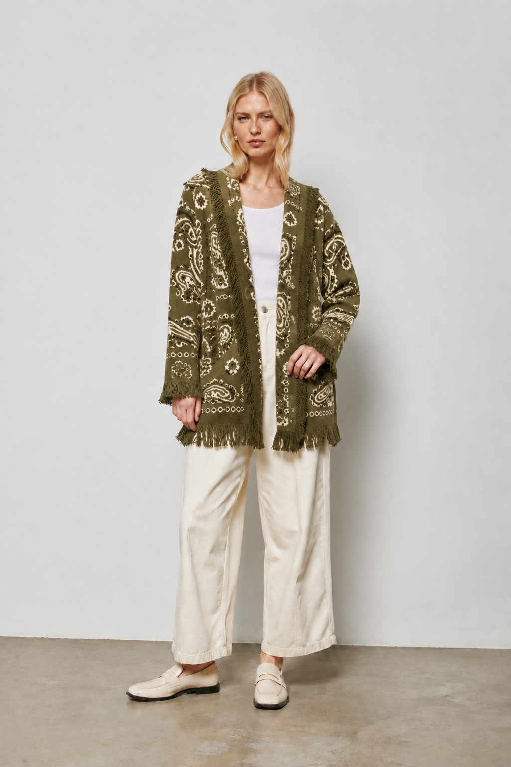 Wander Paisley Fringe Cardigan - Olive