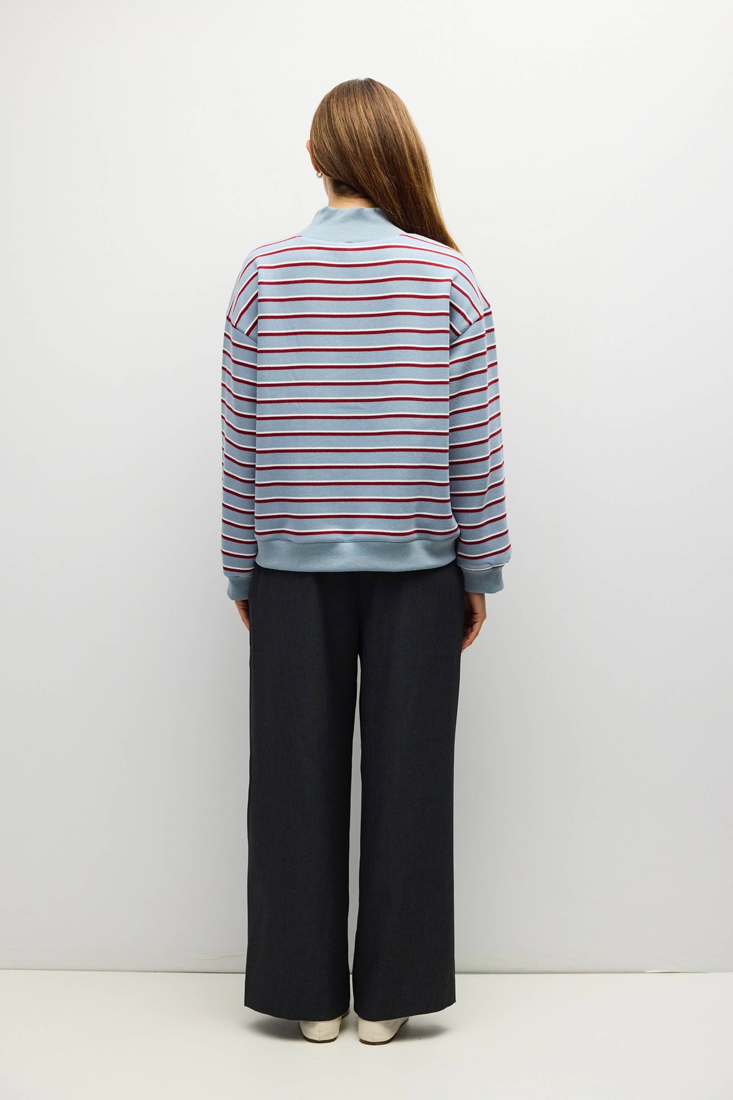 PREORDERThe Charlie Sweater Mock Neck Striped Sweater - Blue-Burgundy-White